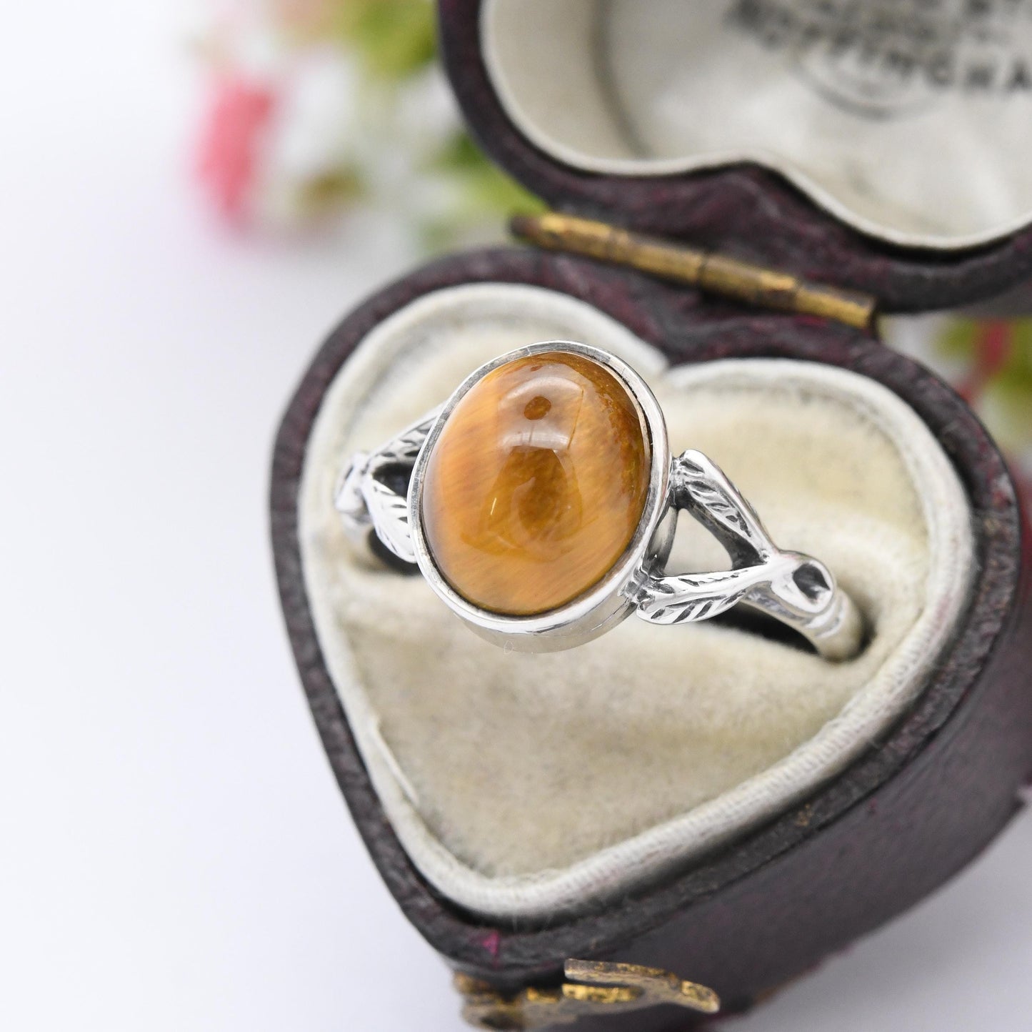 Vintage Sterling Silver Tiger's Eye Ring - Mid-Century Oval Cabochon Brown Gemstone Jewellery | UK Size - N 1/2 | US Size - 7