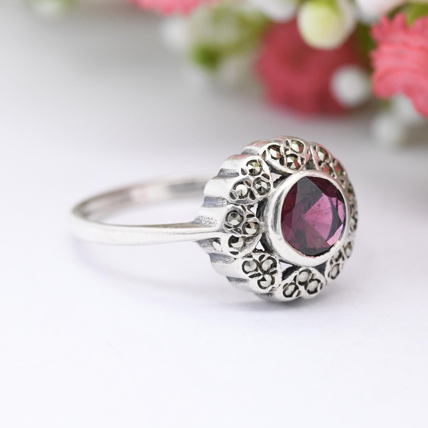 Vintage Sterling Silver Shiptonia Marcasite Flower Ring - True Vintage Shipton & Co | Pretty Gift for Her | UK Size - R | US Size - 8 1/2
