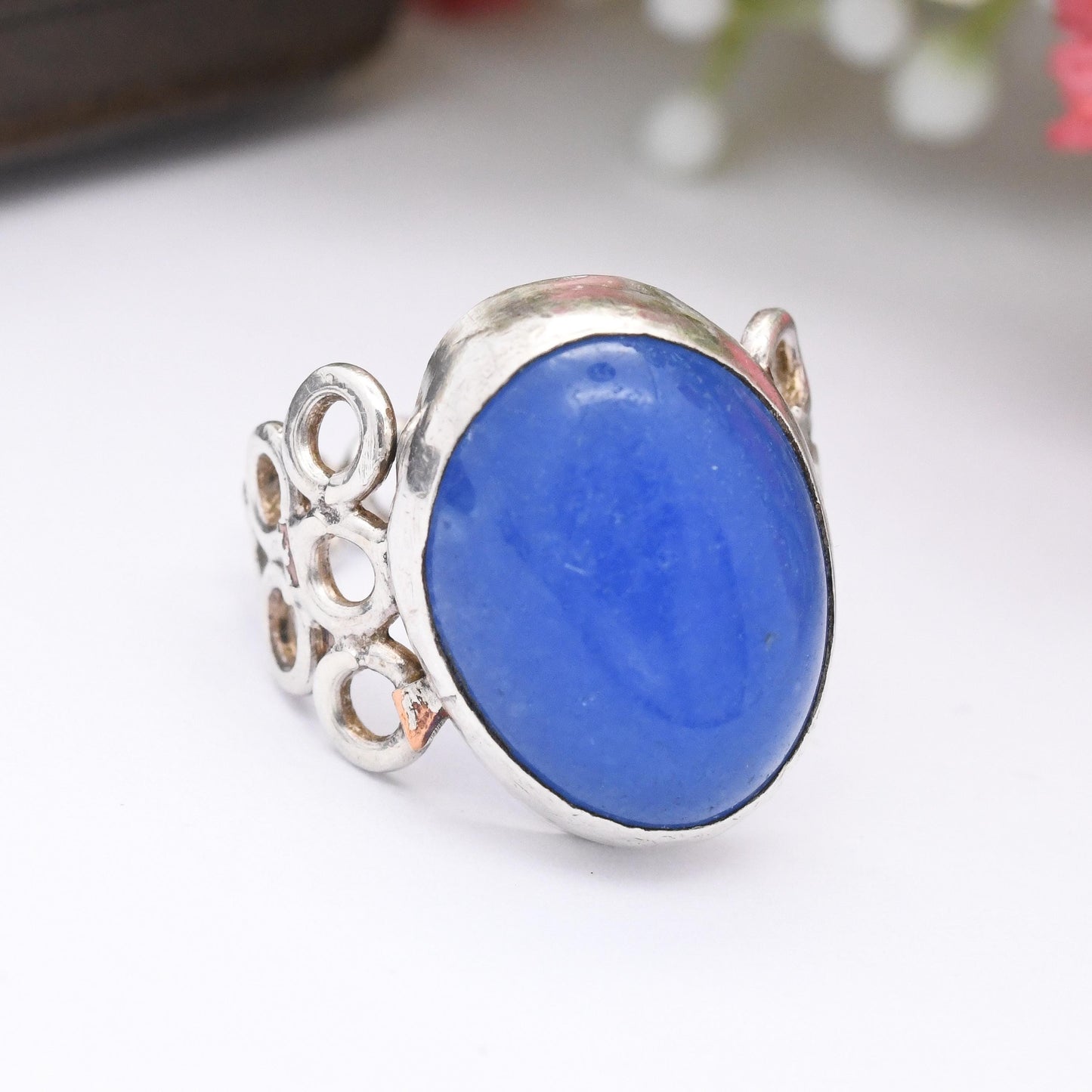 Vintage Blue Stone Ring with Bubble Band - Openwork Circle Design | Mid-Century Modernist Large Cabochon | UK Size - H | US Size - 3 1/4