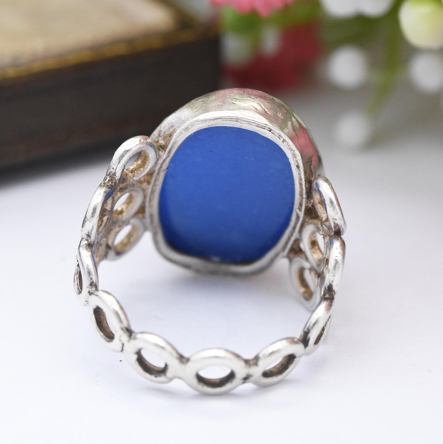 Vintage Blue Stone Ring with Bubble Band - Openwork Circle Design | Mid-Century Modernist Large Cabochon | UK Size - H | US Size - 3 1/4