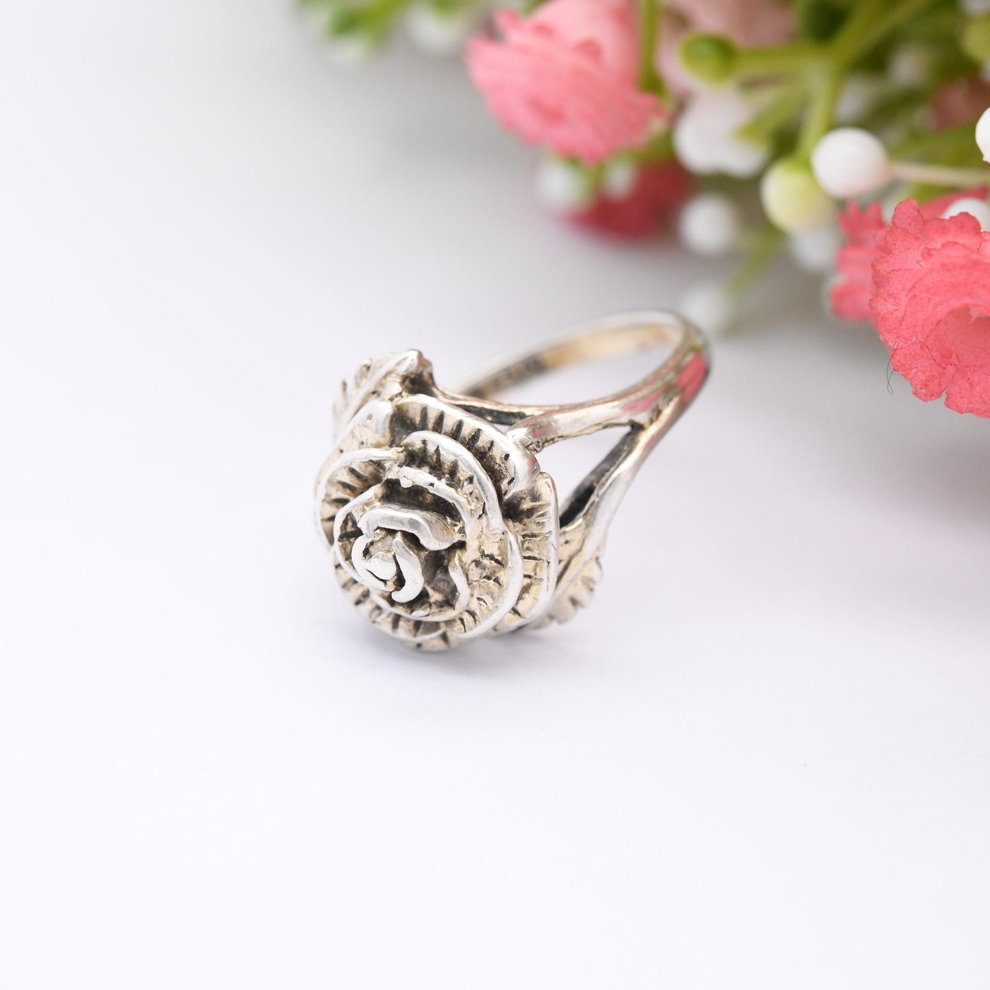 Vintage Sterling Silver Rose Ring 1978 D&W - Mid-Century Flower Floral Shape Pretty Gift for Her | UK Size - N | US Size - 6 3/4