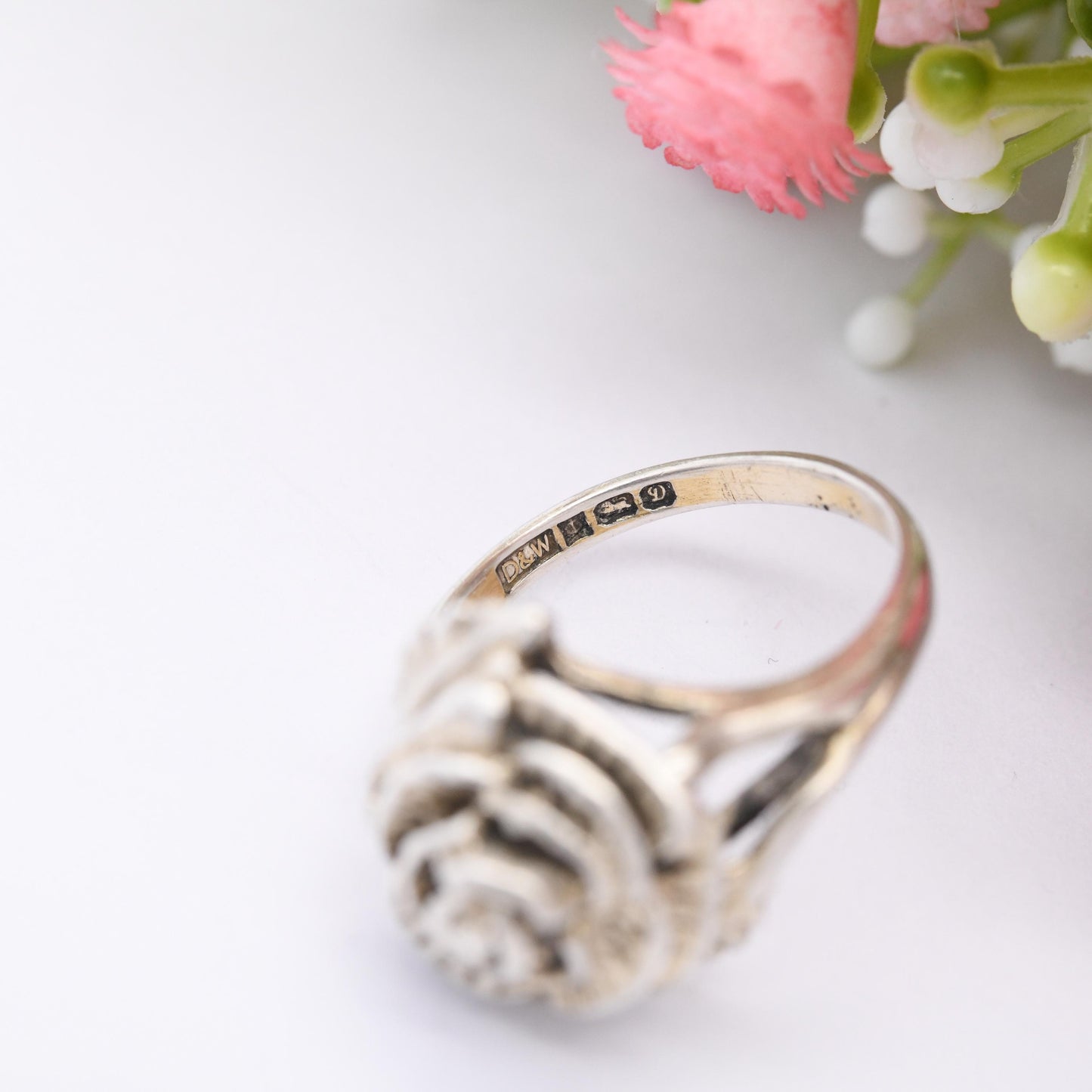Vintage Sterling Silver Rose Ring 1978 D&W - Mid-Century Flower Floral Shape Pretty Gift for Her | UK Size - N | US Size - 6 3/4