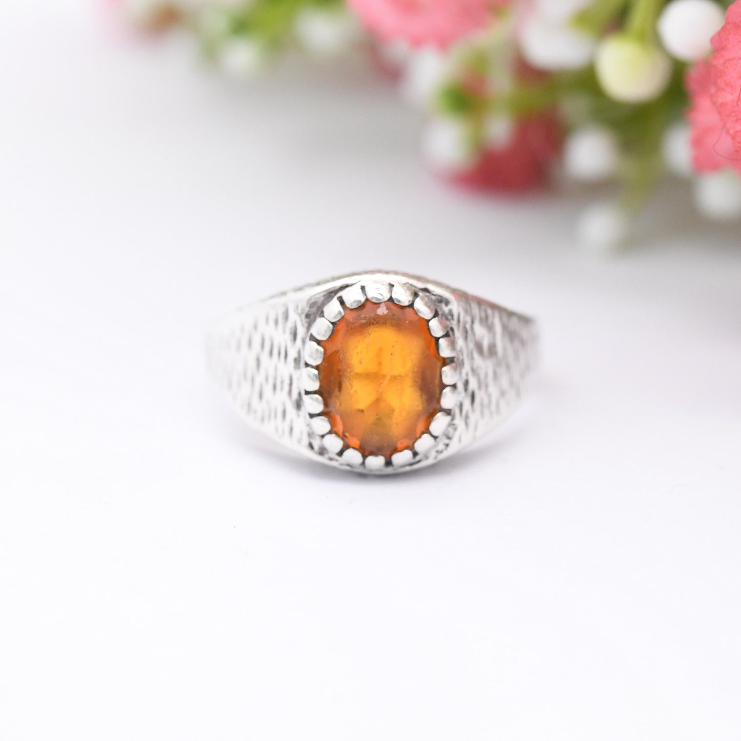 Vintage Sterling Silver Signet Ring with Orange Citrine Paste - Unusual Unisex Mid-Century Textured Silver Ring | UK Size - M | US Size - 6