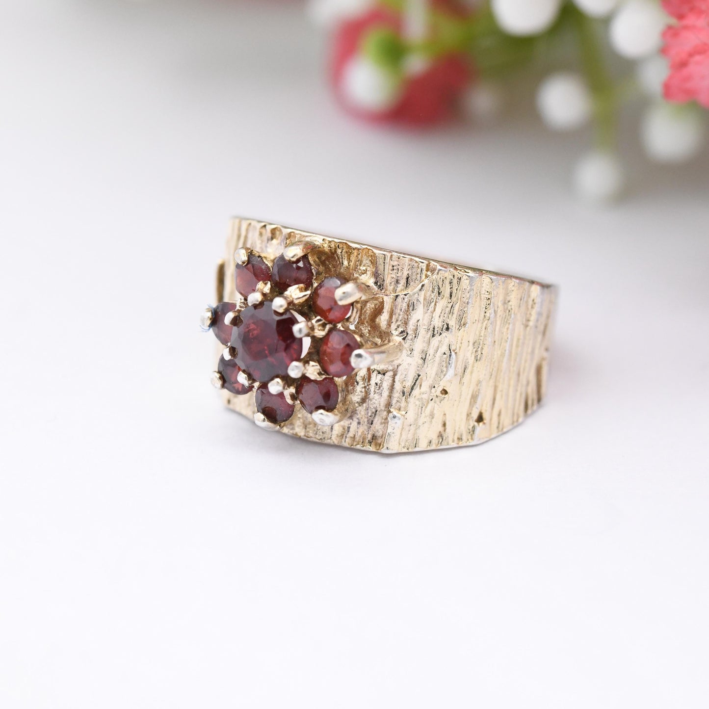 Vintage Gold Plated Sterling Silver Garnet Cluster Flower Ring 1976 - Mid-Century Bark Effect Pinkie Ring Gift | UK Size - K | US Size - 5