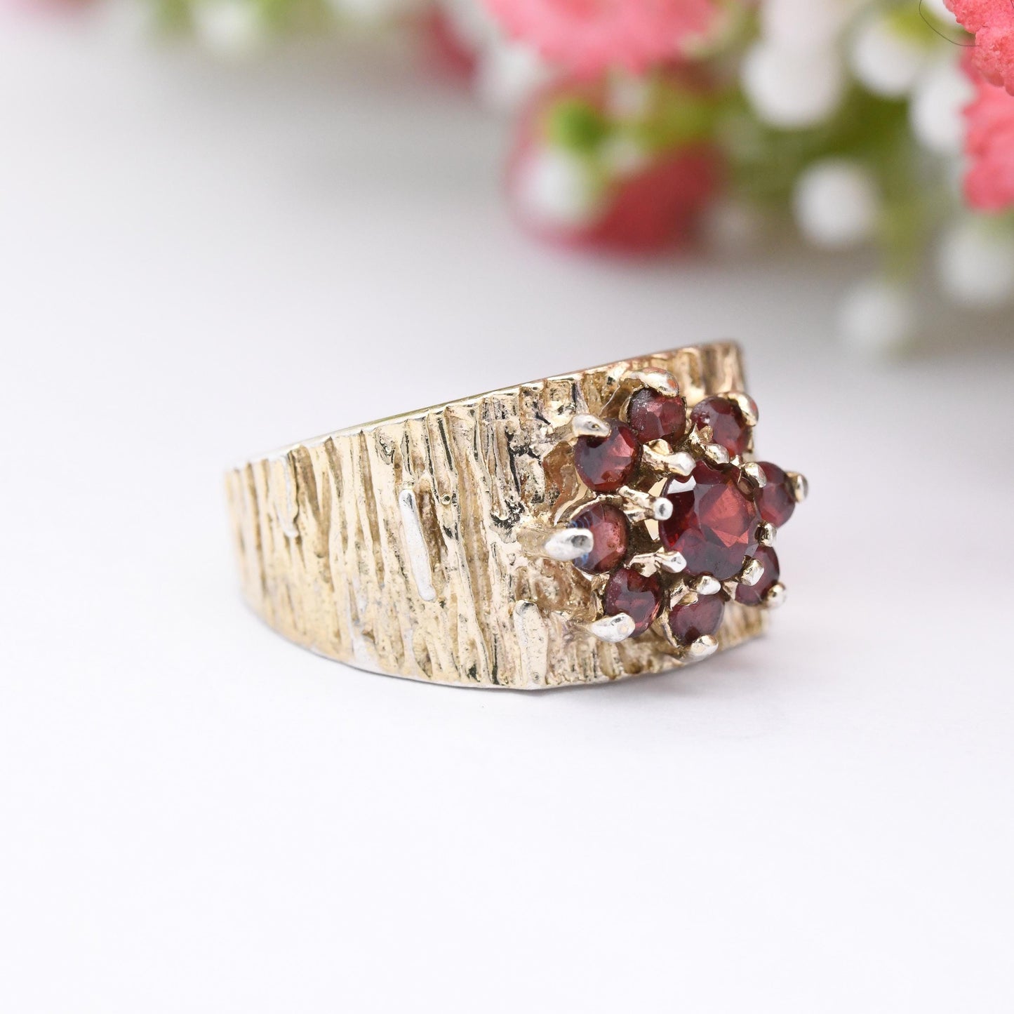 Vintage Gold Plated Sterling Silver Garnet Cluster Flower Ring 1976 - Mid-Century Bark Effect Pinkie Ring Gift | UK Size - K | US Size - 5