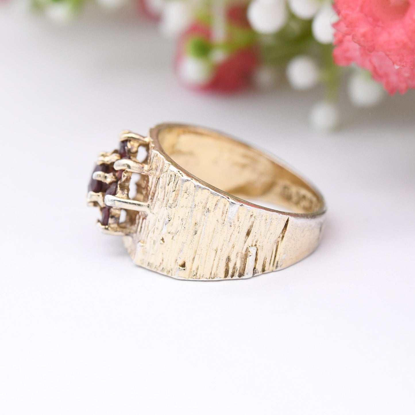 Vintage Gold Plated Sterling Silver Garnet Cluster Flower Ring 1976 - Mid-Century Bark Effect Pinkie Ring Gift | UK Size - K | US Size - 5