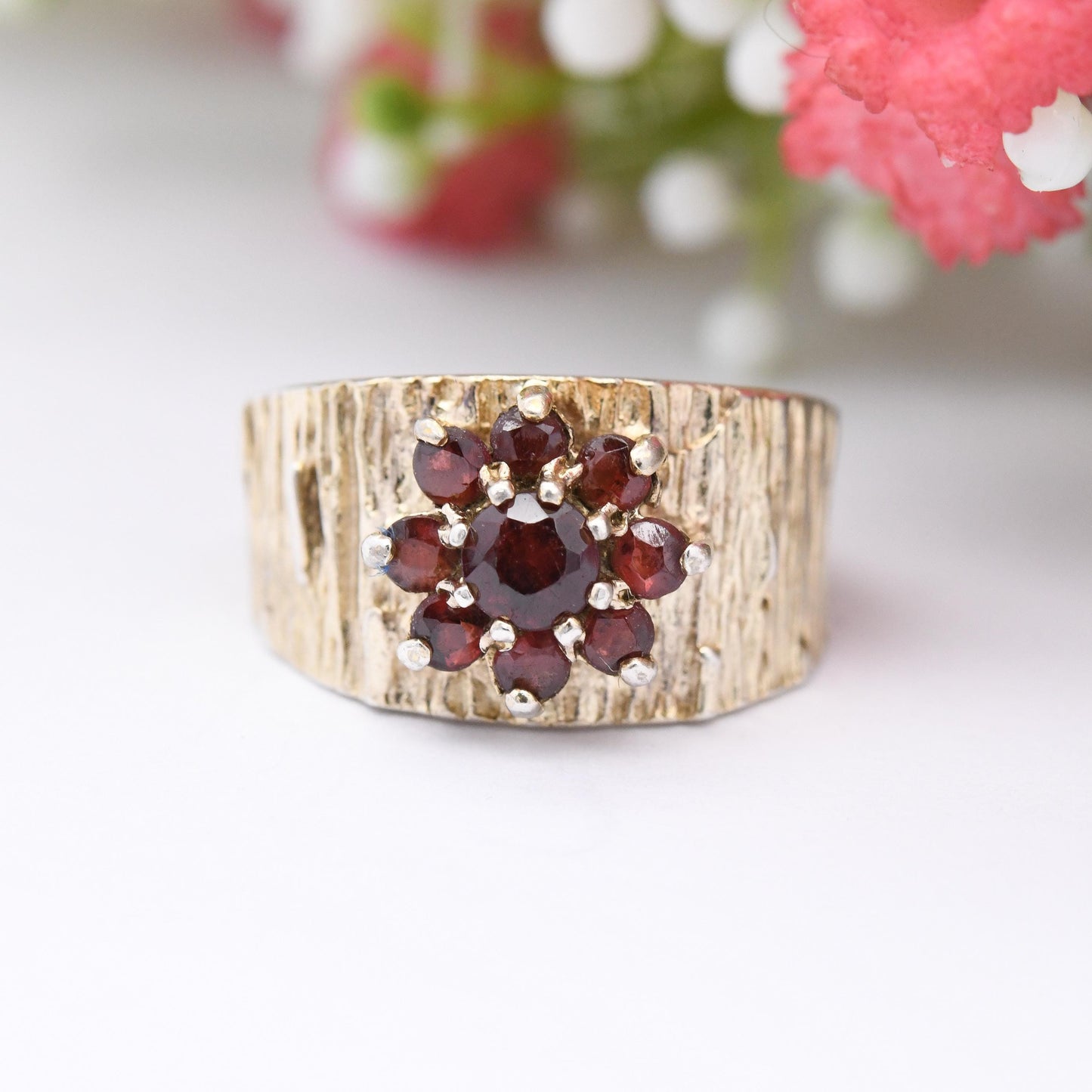 Vintage Gold Plated Sterling Silver Garnet Cluster Flower Ring 1976 - Mid-Century Bark Effect Pinkie Ring Gift | UK Size - K | US Size - 5