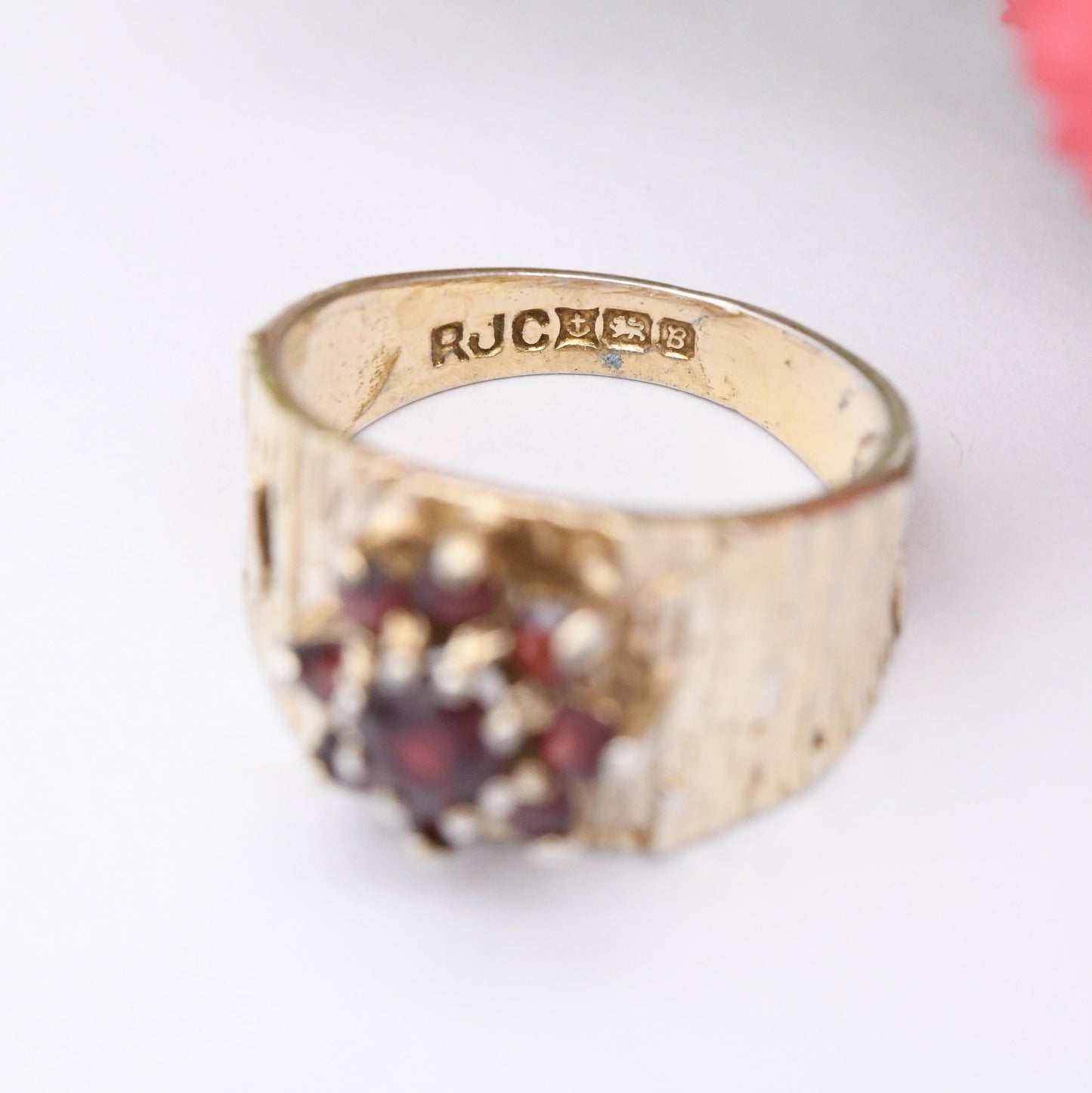 Vintage Gold Plated Sterling Silver Garnet Cluster Flower Ring 1976 - Mid-Century Bark Effect Pinkie Ring Gift | UK Size - K | US Size - 5