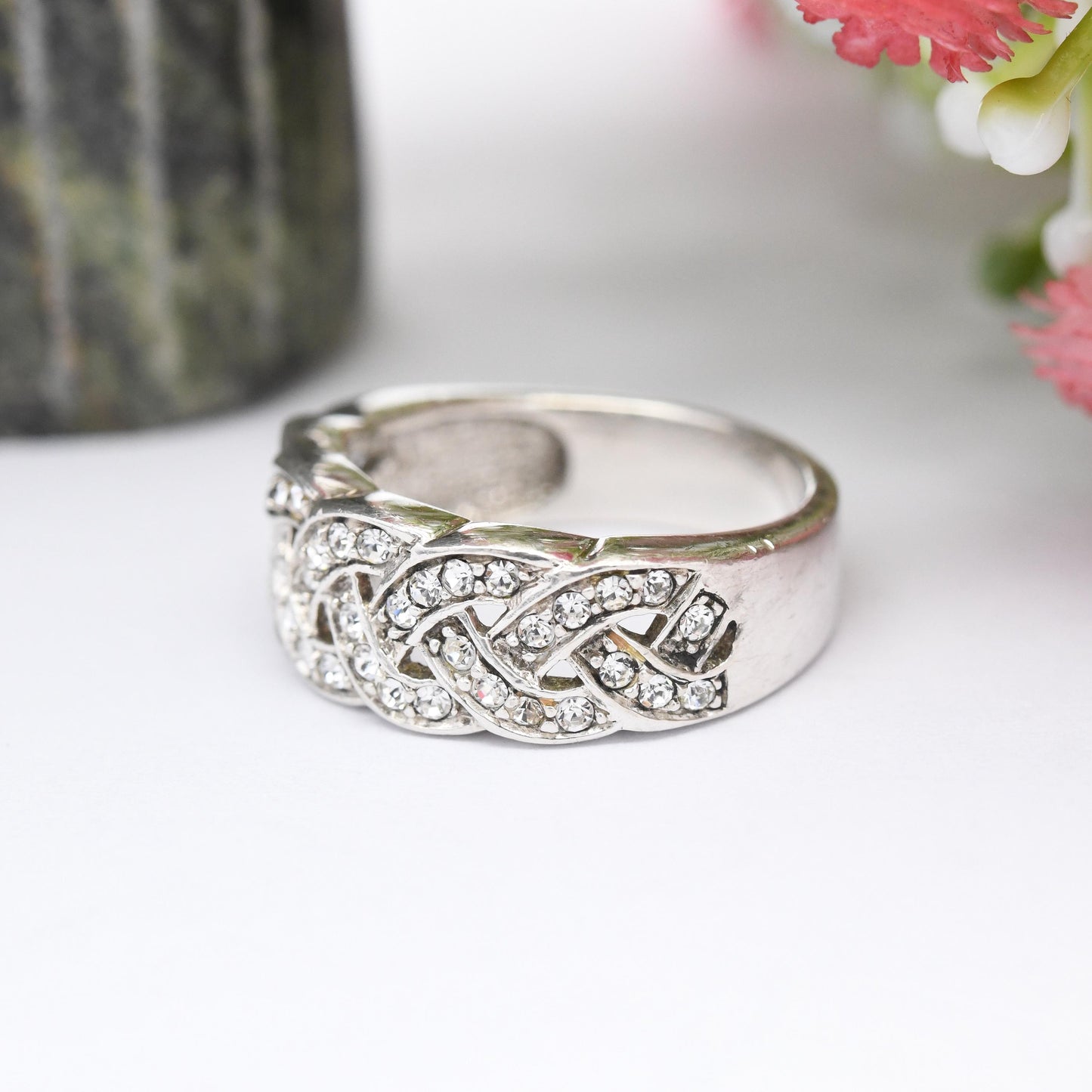 Vintage Sterling Silver CZ Crossed Band Ring - Y2K Chunky Sparkly Statement Ring | White Stones | UK Size - K 1/2 | US Size - 5 1/2