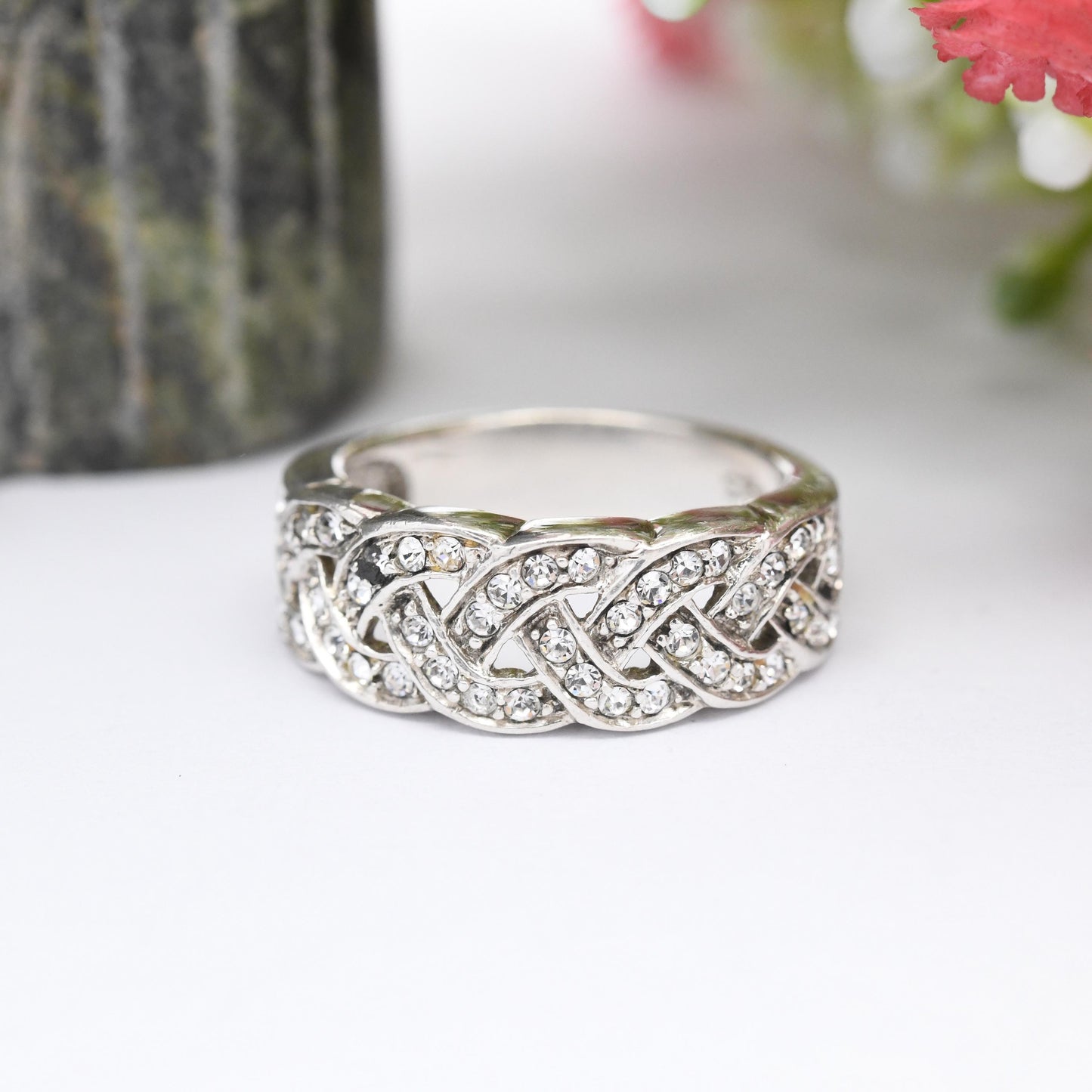 Vintage Sterling Silver CZ Crossed Band Ring - Y2K Chunky Sparkly Statement Ring | White Stones | UK Size - K 1/2 | US Size - 5 1/2