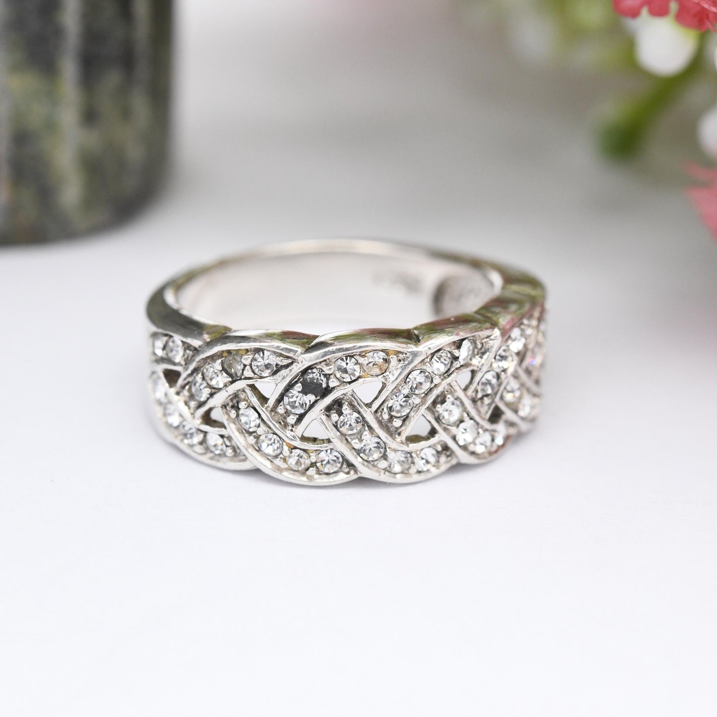 Vintage Sterling Silver CZ Crossed Band Ring - Y2K Chunky Sparkly Statement Ring | White Stones | UK Size - K 1/2 | US Size - 5 1/2