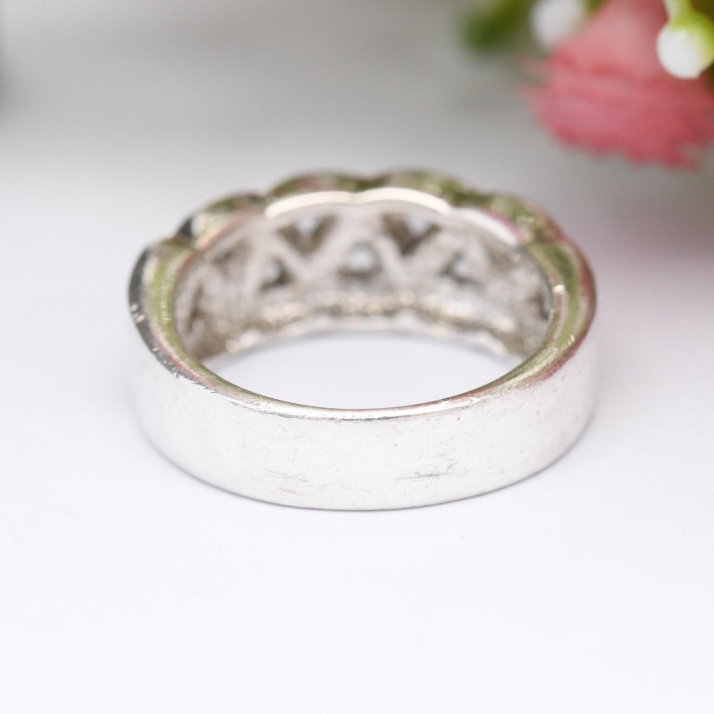 Vintage Sterling Silver CZ Crossed Band Ring - Y2K Chunky Sparkly Statement Ring | White Stones | UK Size - K 1/2 | US Size - 5 1/2