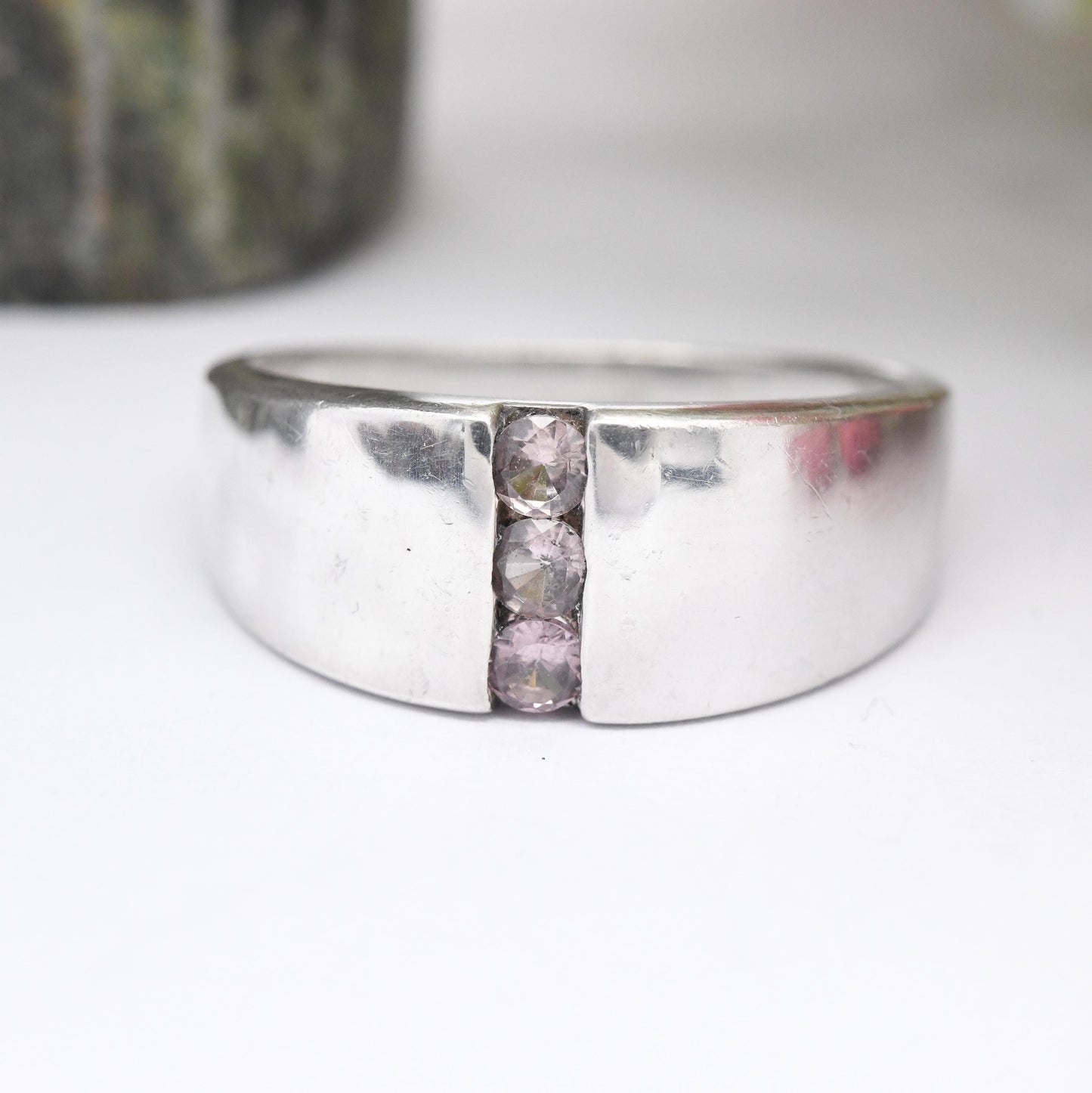 Sterling Silver Three Stone Ring - White Stone Minimal Ring Y2K | Flush Tension Setting | Large Size | UK Size - U | US Size - 10