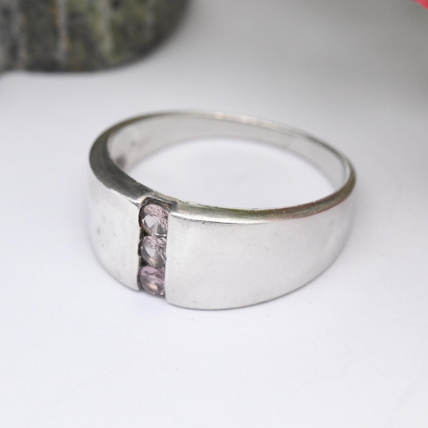 Sterling Silver Three Stone Ring - White Stone Minimal Ring Y2K | Flush Tension Setting | Large Size | UK Size - U | US Size - 10