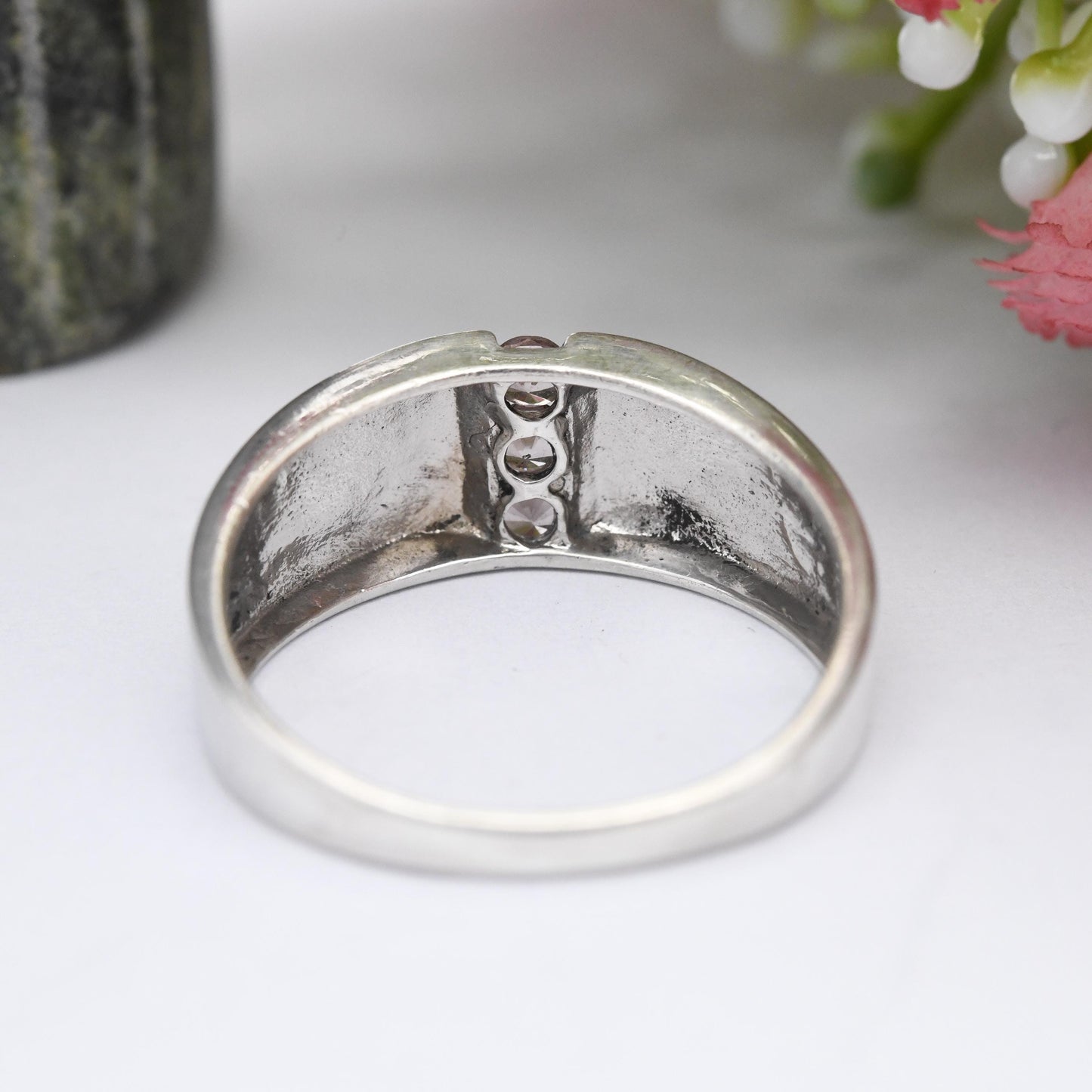 Sterling Silver Three Stone Ring - White Stone Minimal Ring Y2K | Flush Tension Setting | Large Size | UK Size - U | US Size - 10
