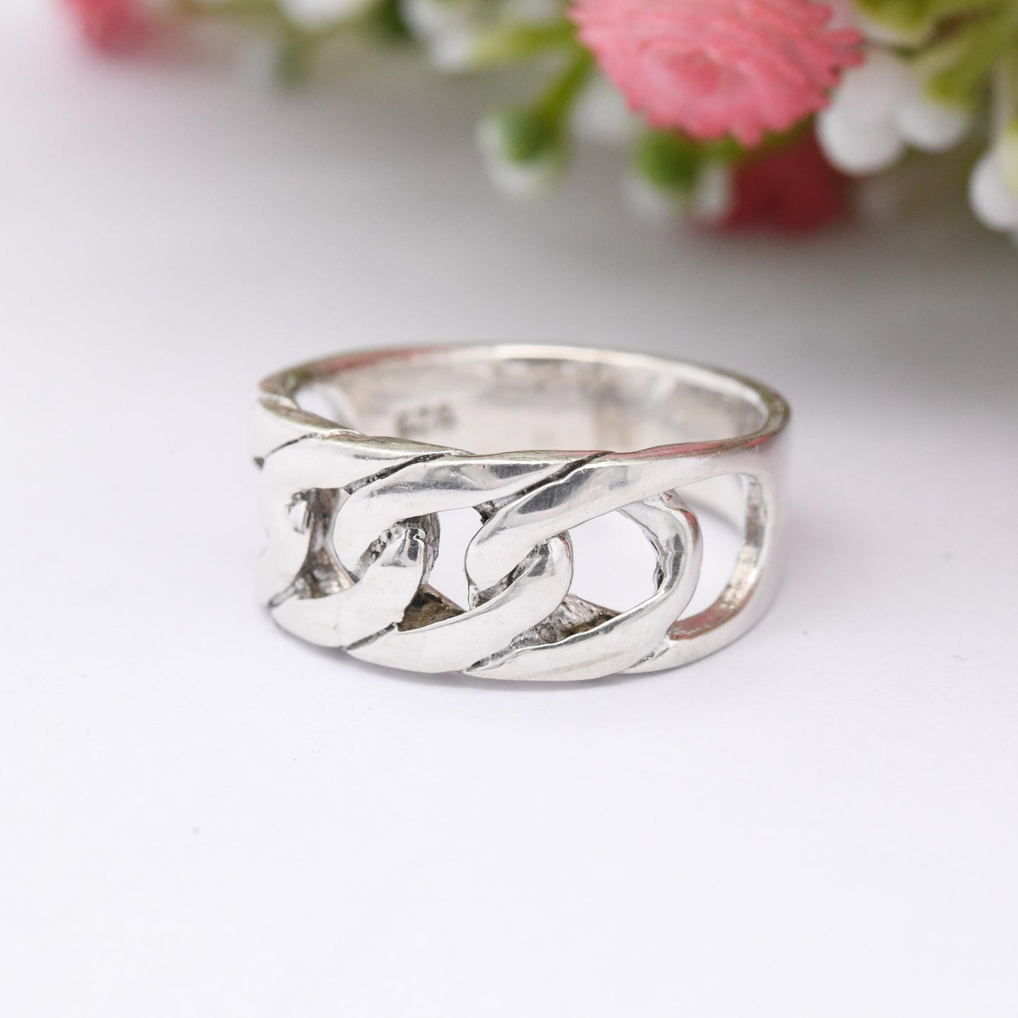 Vintage Sterling Silver Chain Band Ring - Openwork Curb Link Design Mid-Century Modernist Minimal Band Ring | UK Size - N | US Size - 6 1/2