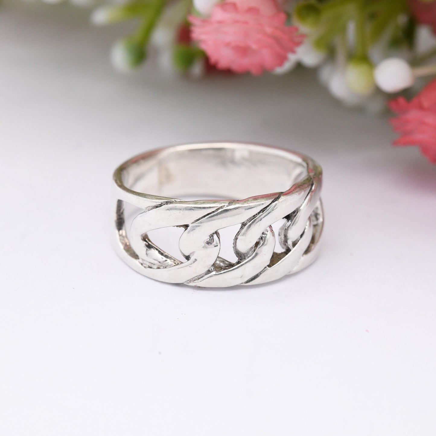 Vintage Sterling Silver Chain Band Ring - Openwork Curb Link Design Mid-Century Modernist Minimal Band Ring | UK Size - N | US Size - 6 1/2