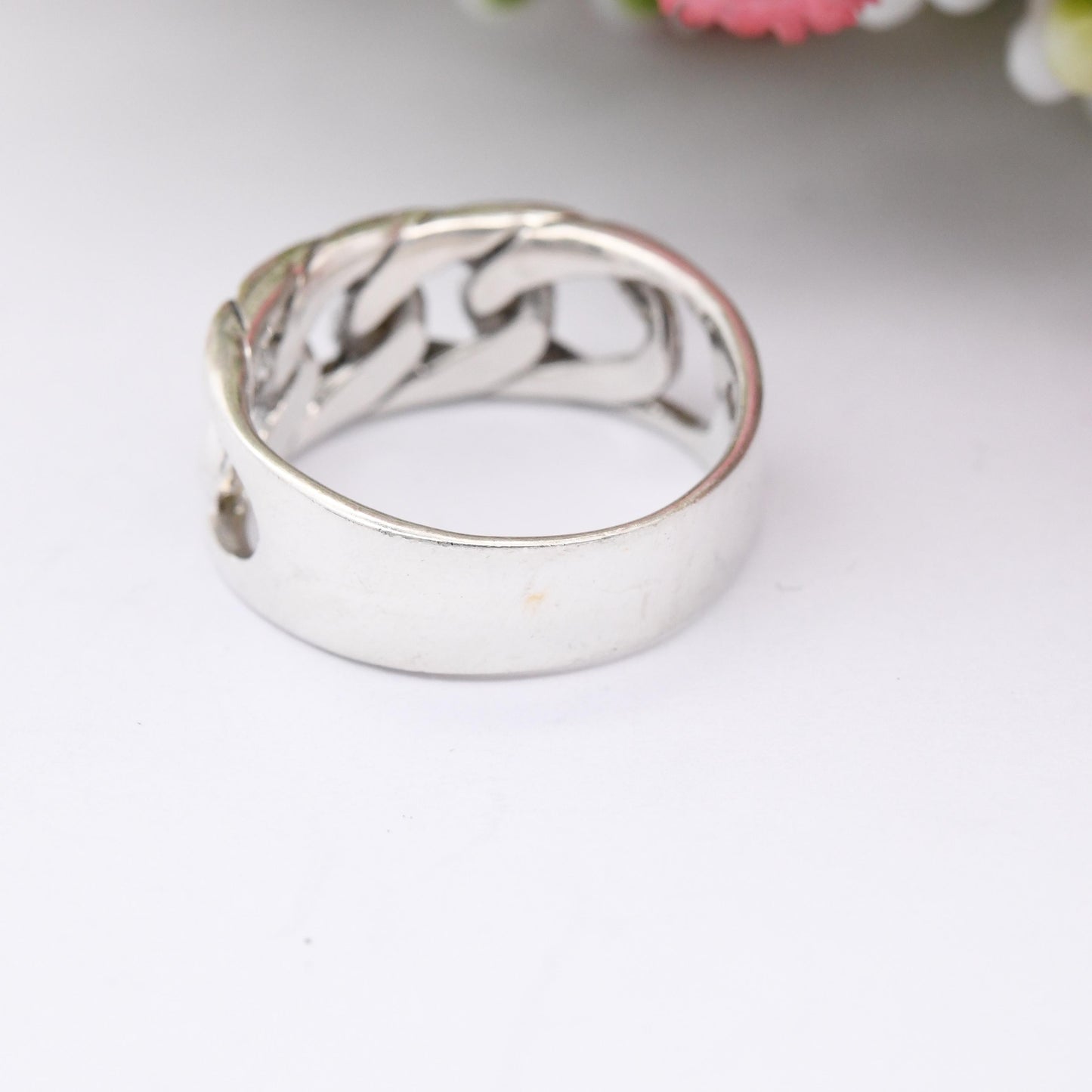Vintage Sterling Silver Chain Band Ring - Openwork Curb Link Design Mid-Century Modernist Minimal Band Ring | UK Size - N | US Size - 6 1/2