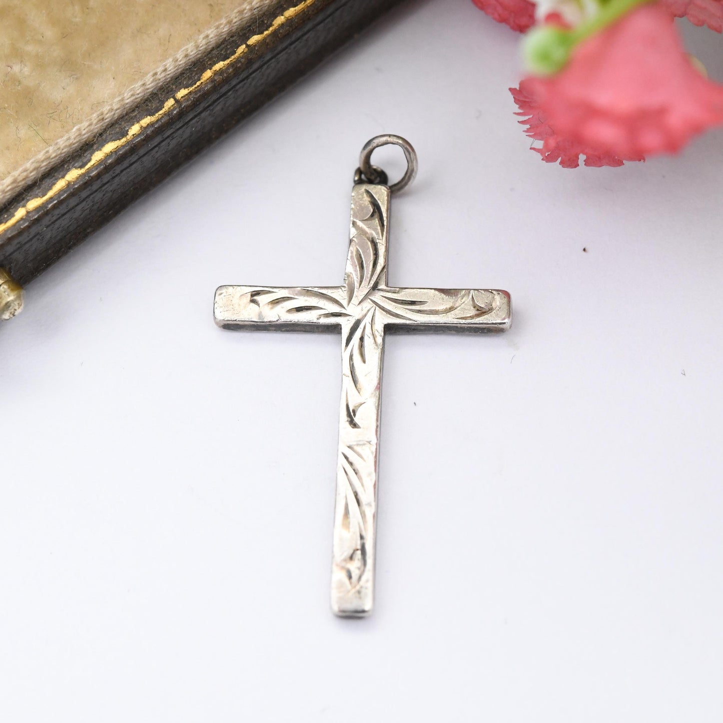 Vintage Sterling Silver Cross Pendant with Engraved Design AJH - Pretty Christian Gift for Baptism Christening | Charm Necklace Stack