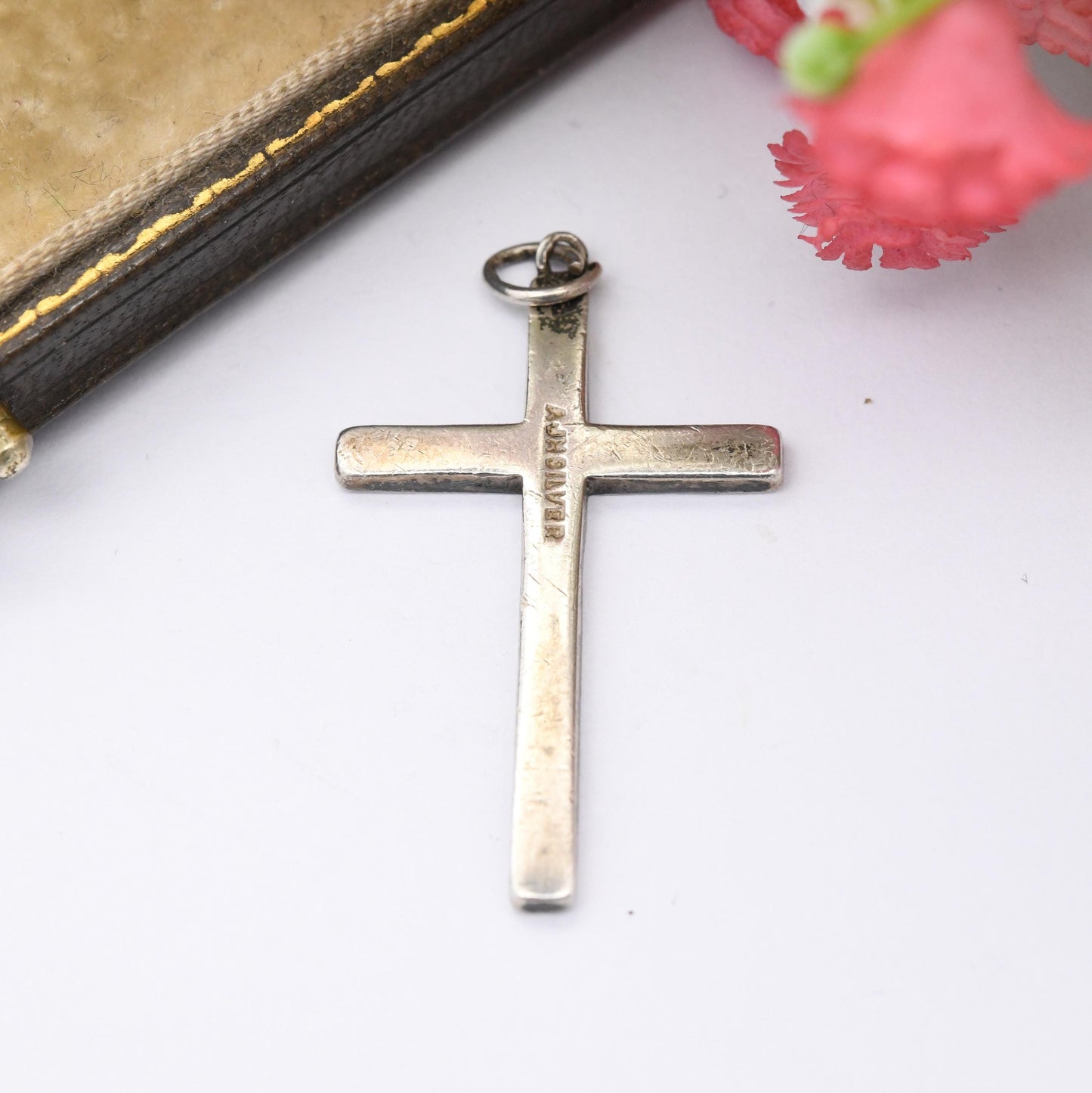 Vintage Sterling Silver Cross Pendant with Engraved Design AJH - Pretty Christian Gift for Baptism Christening | Charm Necklace Stack