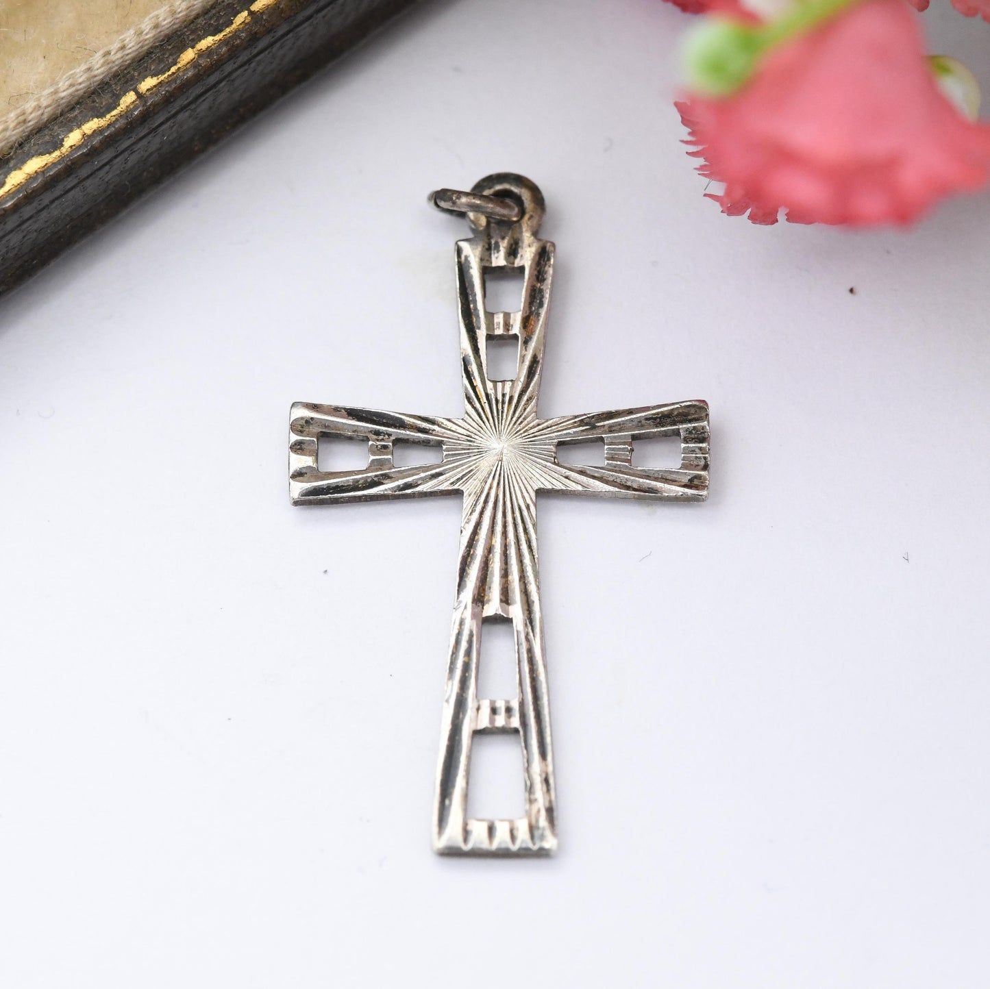 Vintage Sterling Silver Cross Pendant with Cut Star Design - Mid-Century Textured Cross | Christian Gift for Baptism Christening