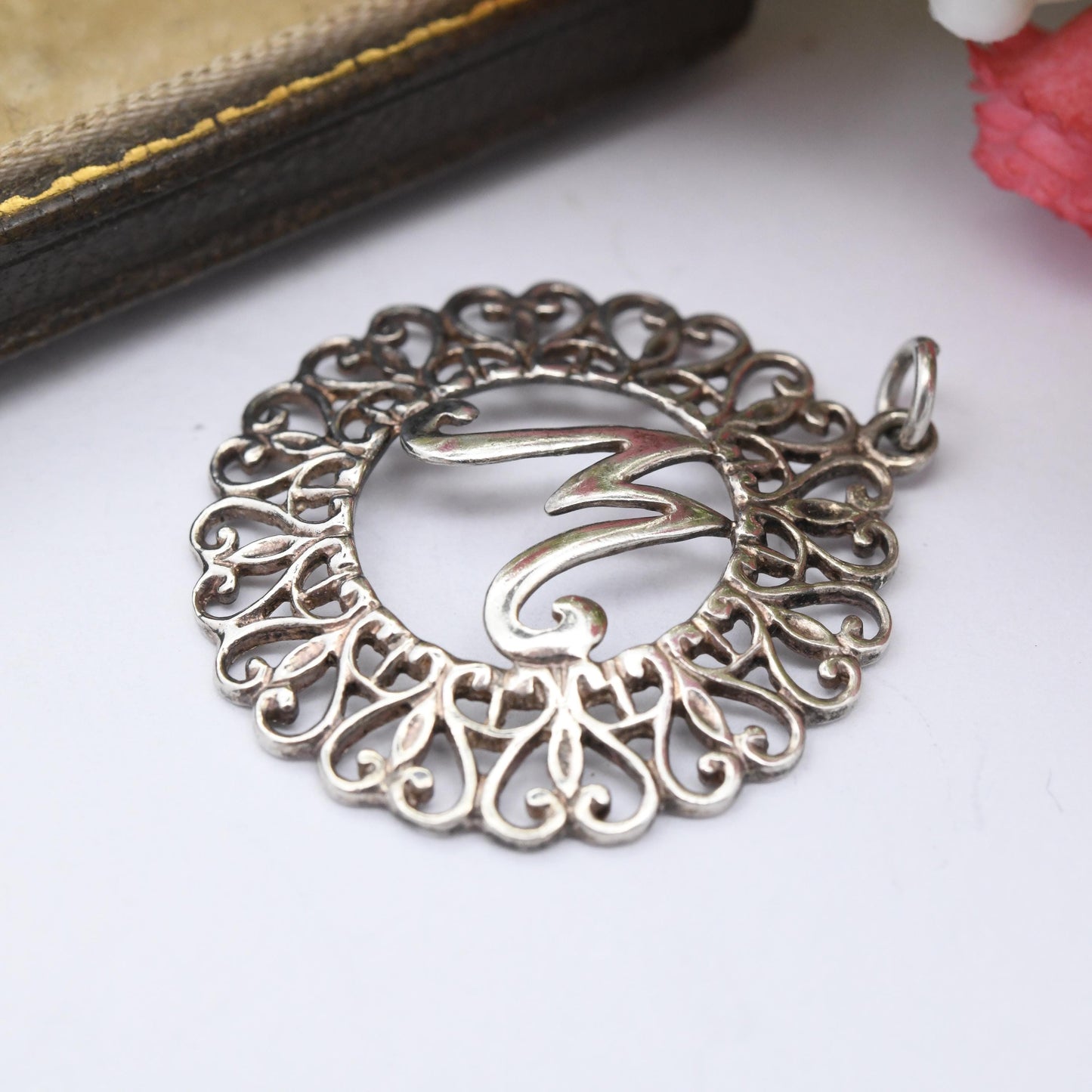 Vintage Sterling Silver Letter M Pendant with Love Heart Border - Cute Name Initial Gift | Statement Necklace Charm | Personalised Jewellery