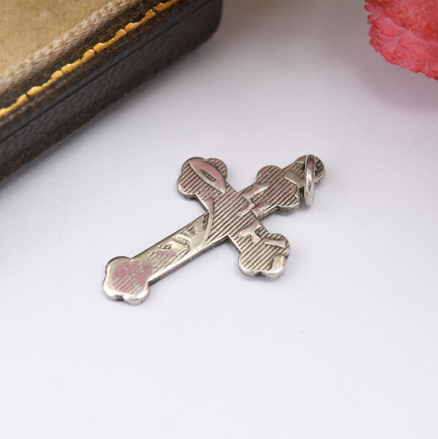 Vintage Sterling Silver Cross Pendant with Textured Pattern - Sweet Christening Jewellery Gift Present for Christian