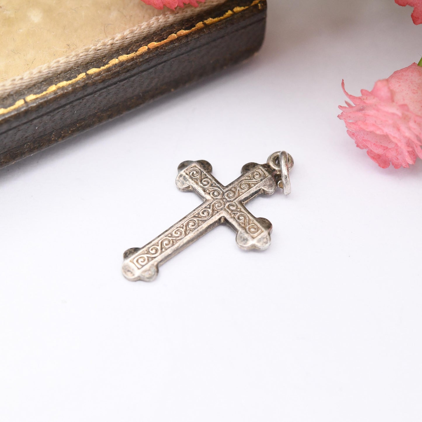 Vintage Sterling Silver Cross Pendant with Engraved Spiral S Pattern - Sweet Christening Jewellery Gift Present Christian Charm for Necklace