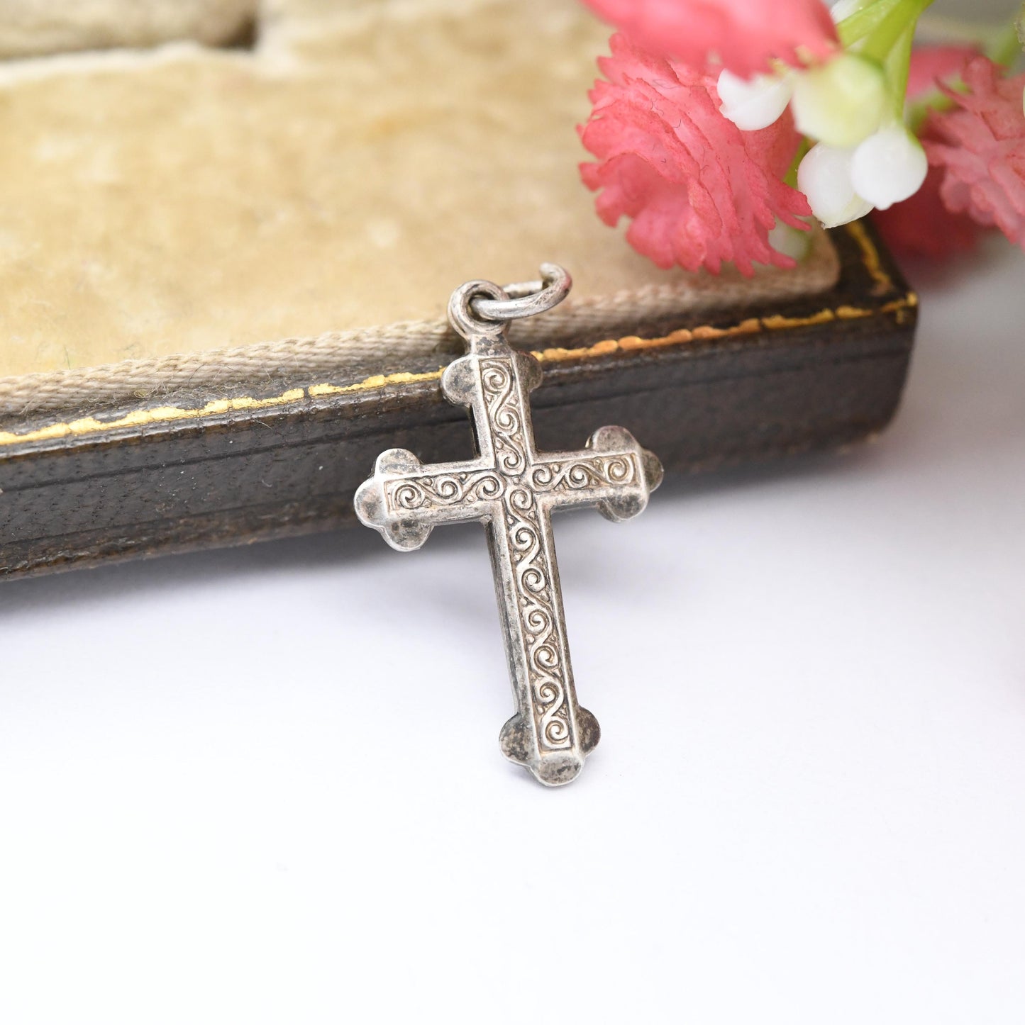 Vintage Sterling Silver Cross Pendant with Engraved Spiral S Pattern - Sweet Christening Jewellery Gift Present Christian Charm for Necklace