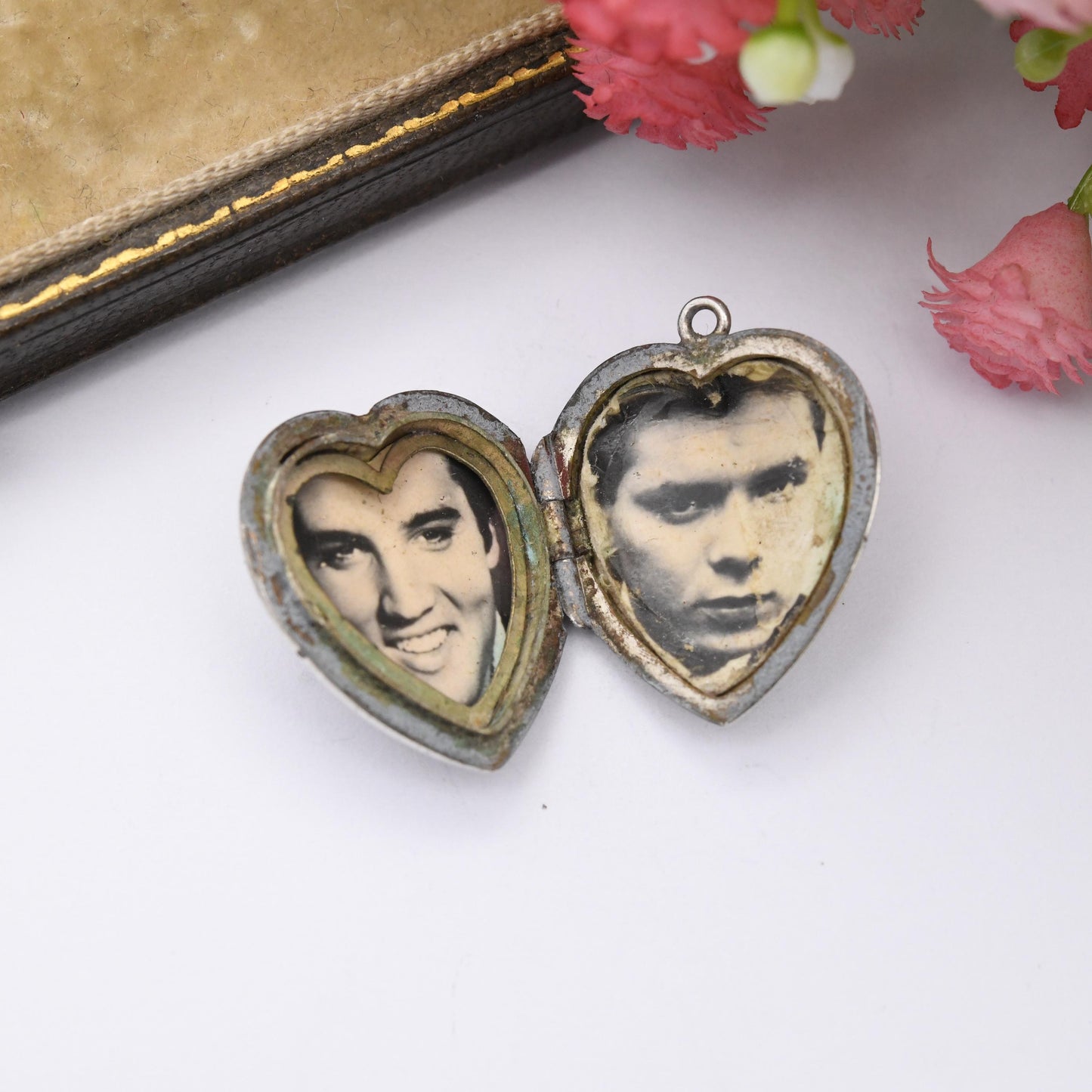 Vintage Sterling Silver B&F Heart Locket Pendant with Flower Design - Love Heart Shape Locket Pretty Gift for Her with Elvis Photograph