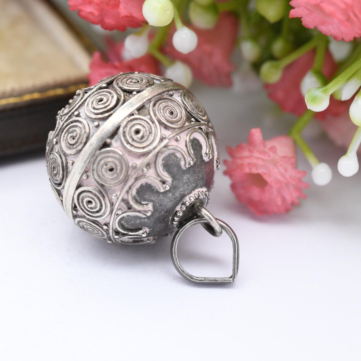 Vintage Cannetille Sterling Silver Harmony Ball Chime Bell Pendant - Bola Angel Caller | Pretty Filigree Necklace Charm | Gift for Pregnancy