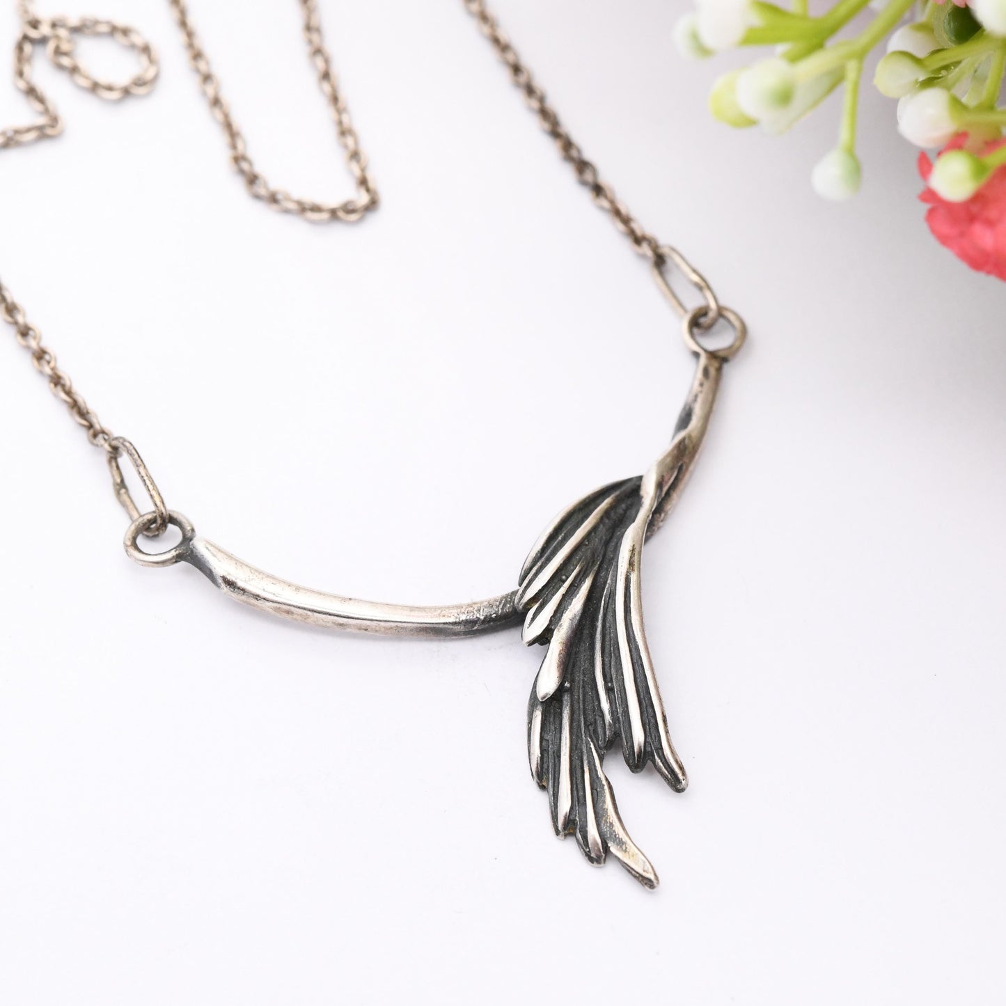 Vintage Mid-Century European Silver Leaf Pendant Necklace - Modernist Figural Integrated Pendant | Pretty Silver Jewellery Gift for Her