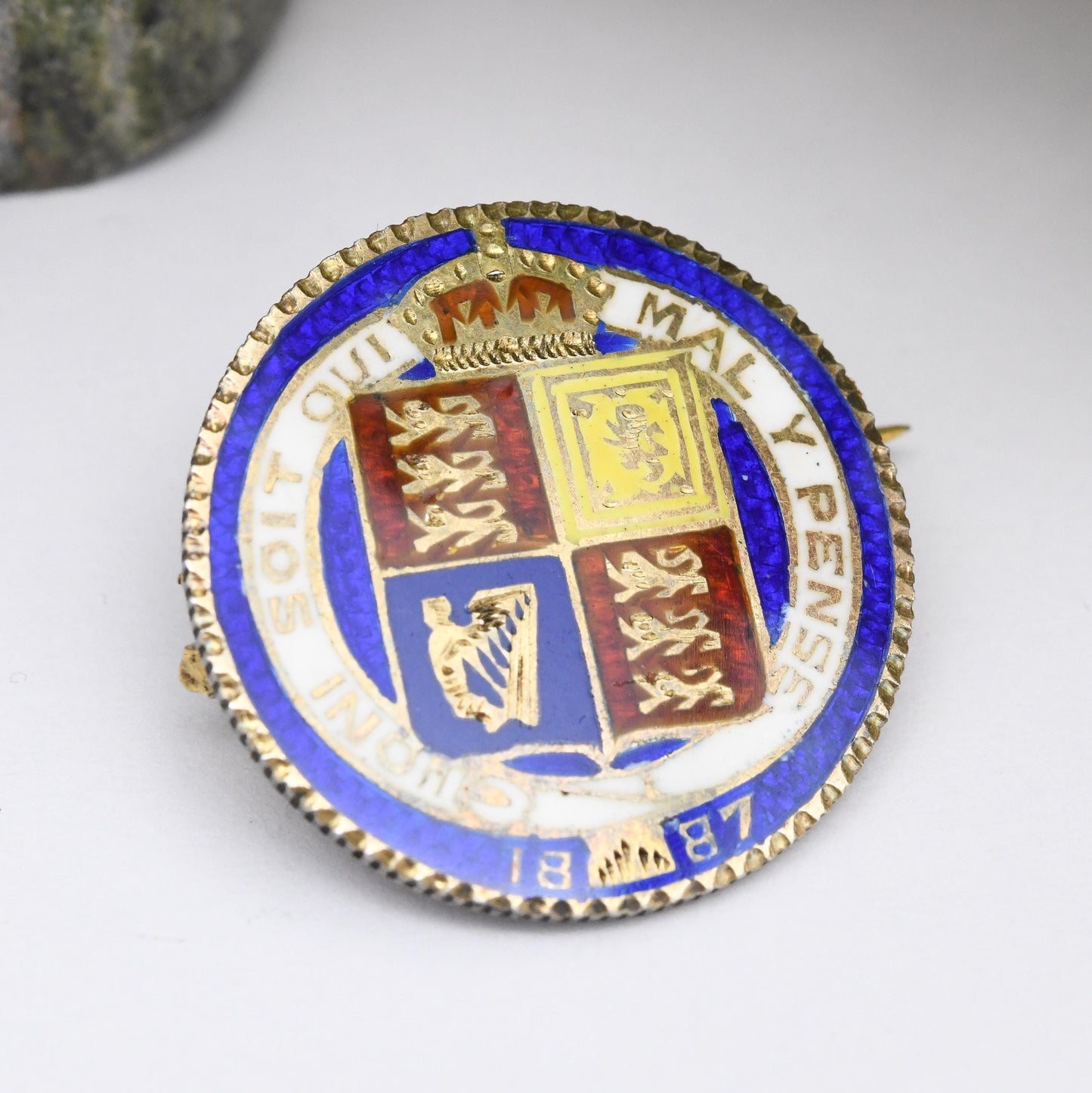 Antique Sterling Silver 1887 Victoria One Shilling Coin Brooch - Colourful Enamel Coin Jewellery | Honi Soit Qui Mal Y Pense Shield Design