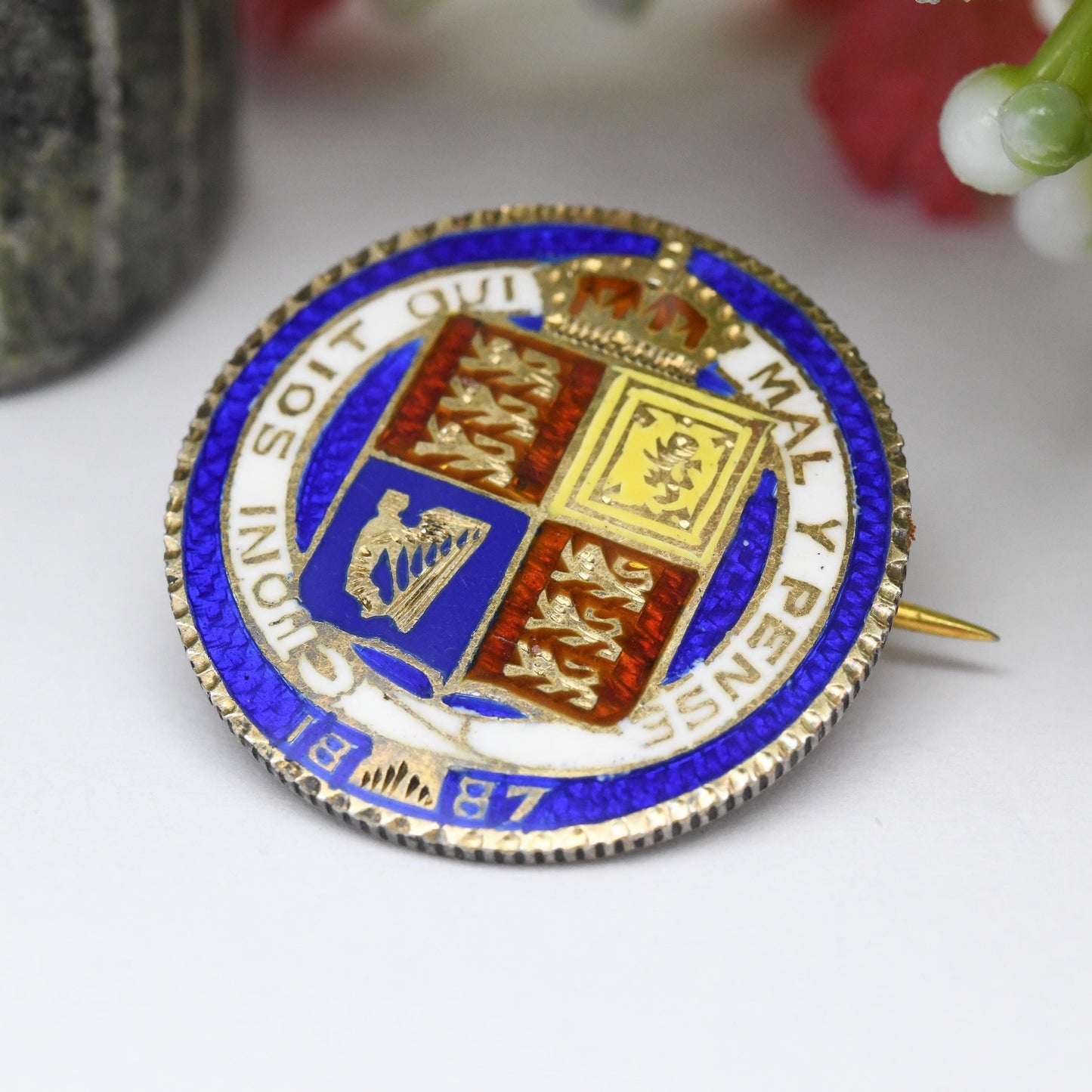 Antique Sterling Silver 1887 Victoria One Shilling Coin Brooch - Colourful Enamel Coin Jewellery | Honi Soit Qui Mal Y Pense Shield Design