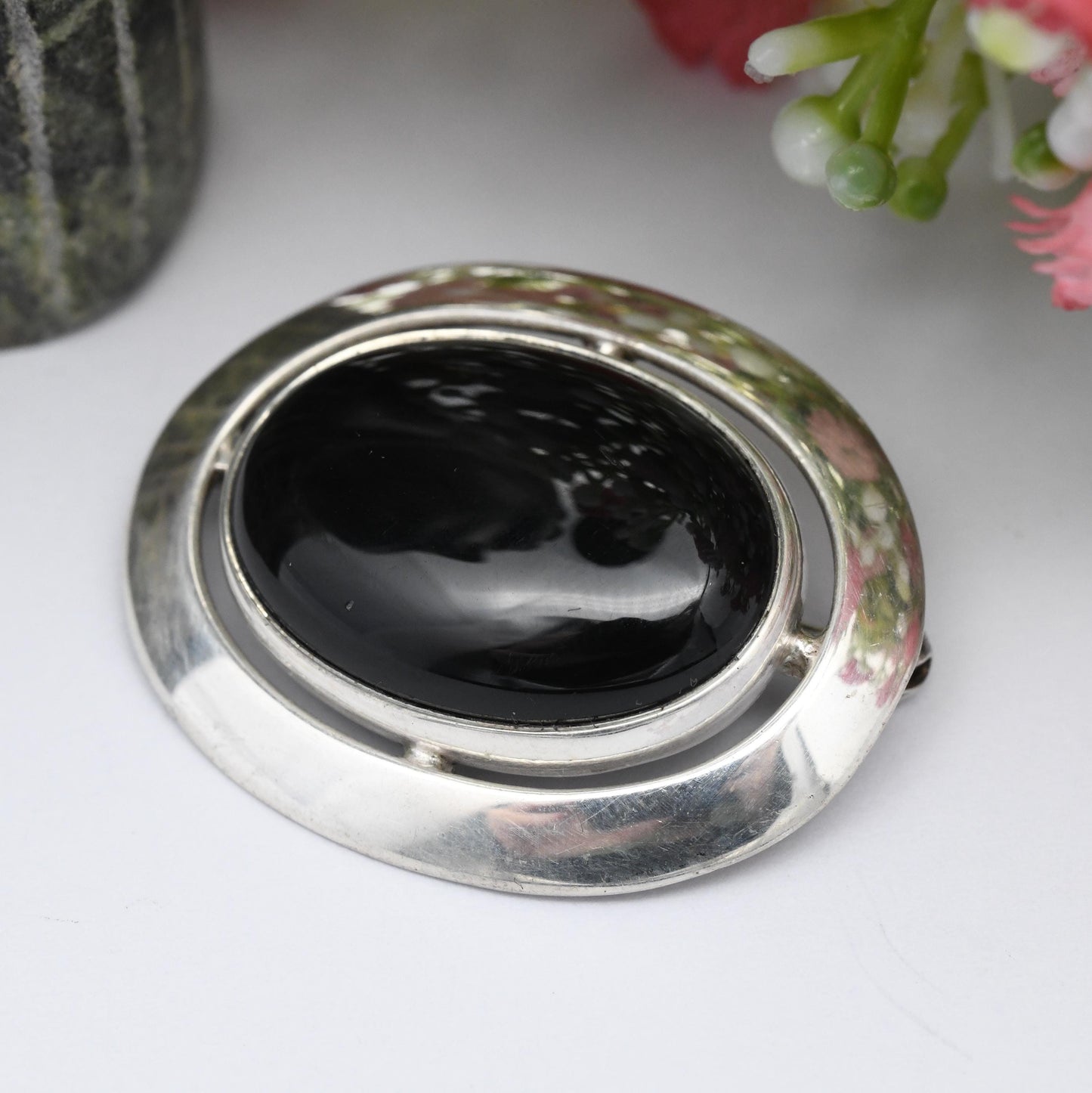 Vintage Ortak Sterling Silver Onyx Brooch 1990 by Malcolm Gray - Scottish Silver Edinburgh Hallmarks | Large Black Oval Shape Cabochon Stone