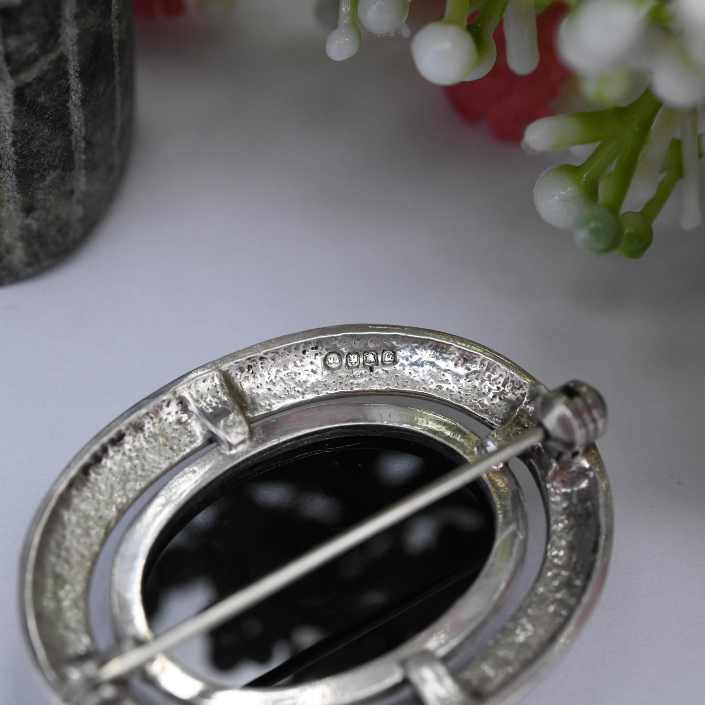 Vintage Ortak Sterling Silver Onyx Brooch 1990 by Malcolm Gray - Scottish Silver Edinburgh Hallmarks | Large Black Oval Shape Cabochon Stone