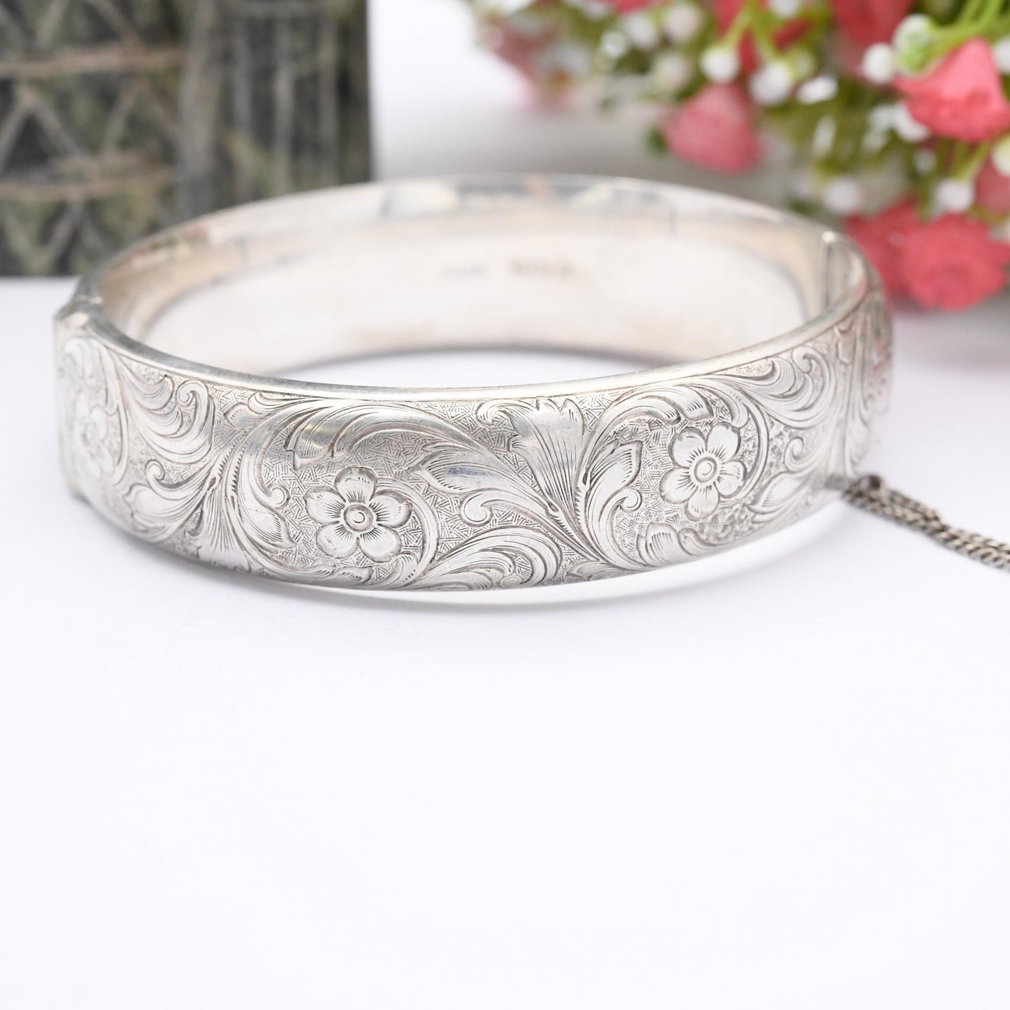 Vintage Excalibur Sterling Silver Bangle Bracelet 1972 Flower Design - Ornate Scrolling Floral Chunky Silver Jewellery with Safety Chain