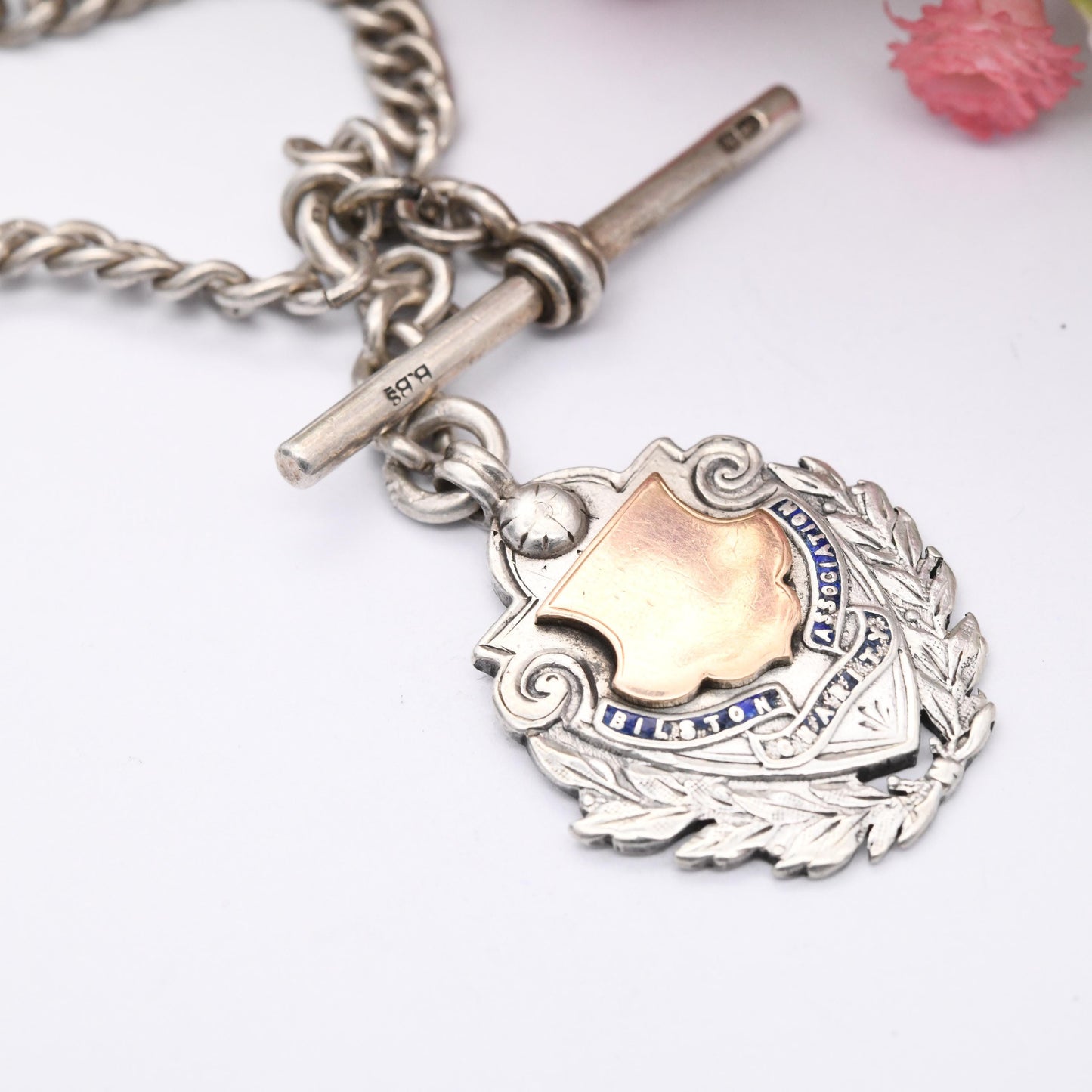 Vintage Sterling Silver Double Albert Chain Necklace with Watch Fob T-Bar Dog Clips 1903 1920 Vaughton & Sons - Hallmarked Curb Link Chain