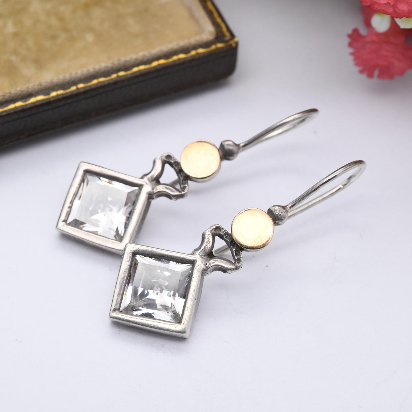 Vintage Sterling Silver Crystal Drop Earrings Drop Earrings - Large Faceted Stone | Gold Tone | Statement Modernist Style | Gift for Her