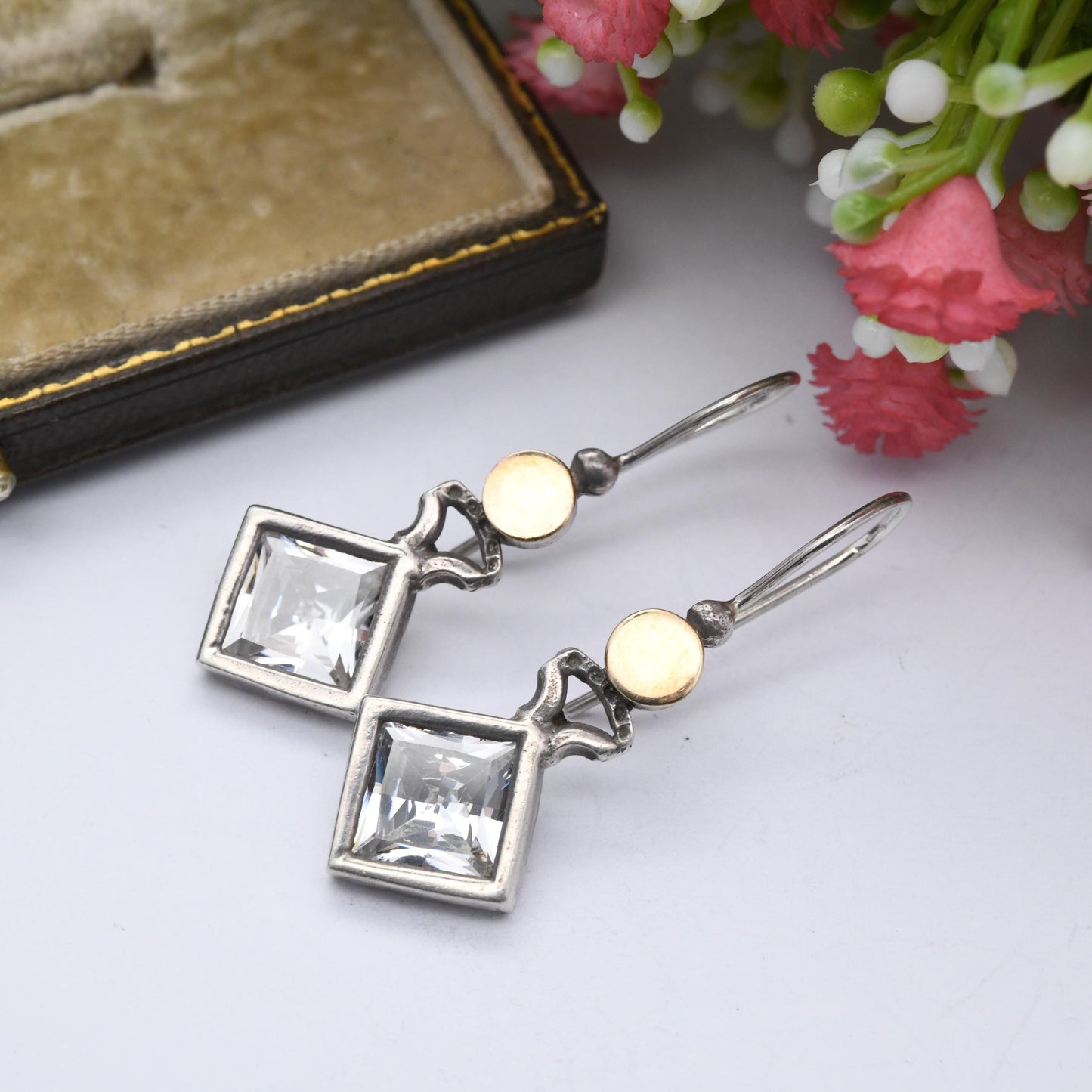 Vintage Sterling Silver Crystal Drop Earrings Drop Earrings - Large Faceted Stone | Gold Tone | Statement Modernist Style | Gift for Her