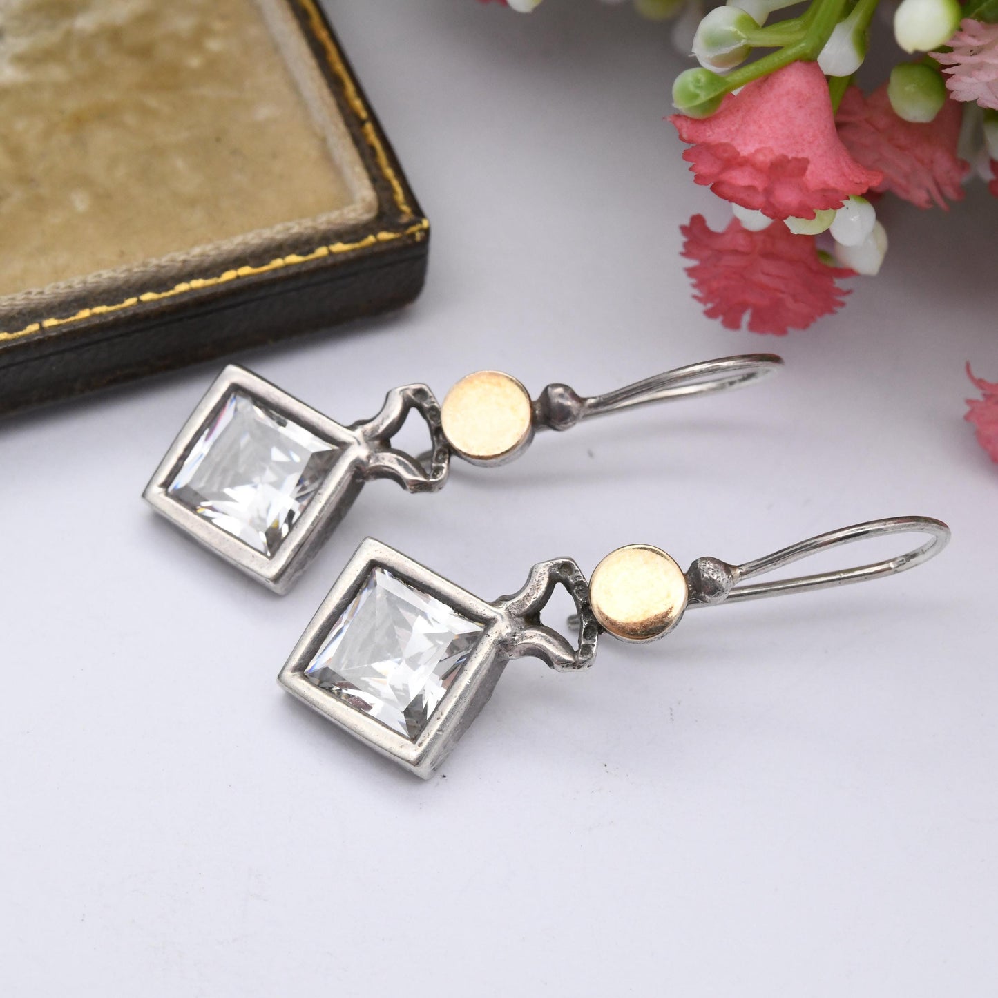 Vintage Sterling Silver Crystal Drop Earrings Drop Earrings - Large Faceted Stone | Gold Tone | Statement Modernist Style | Gift for Her