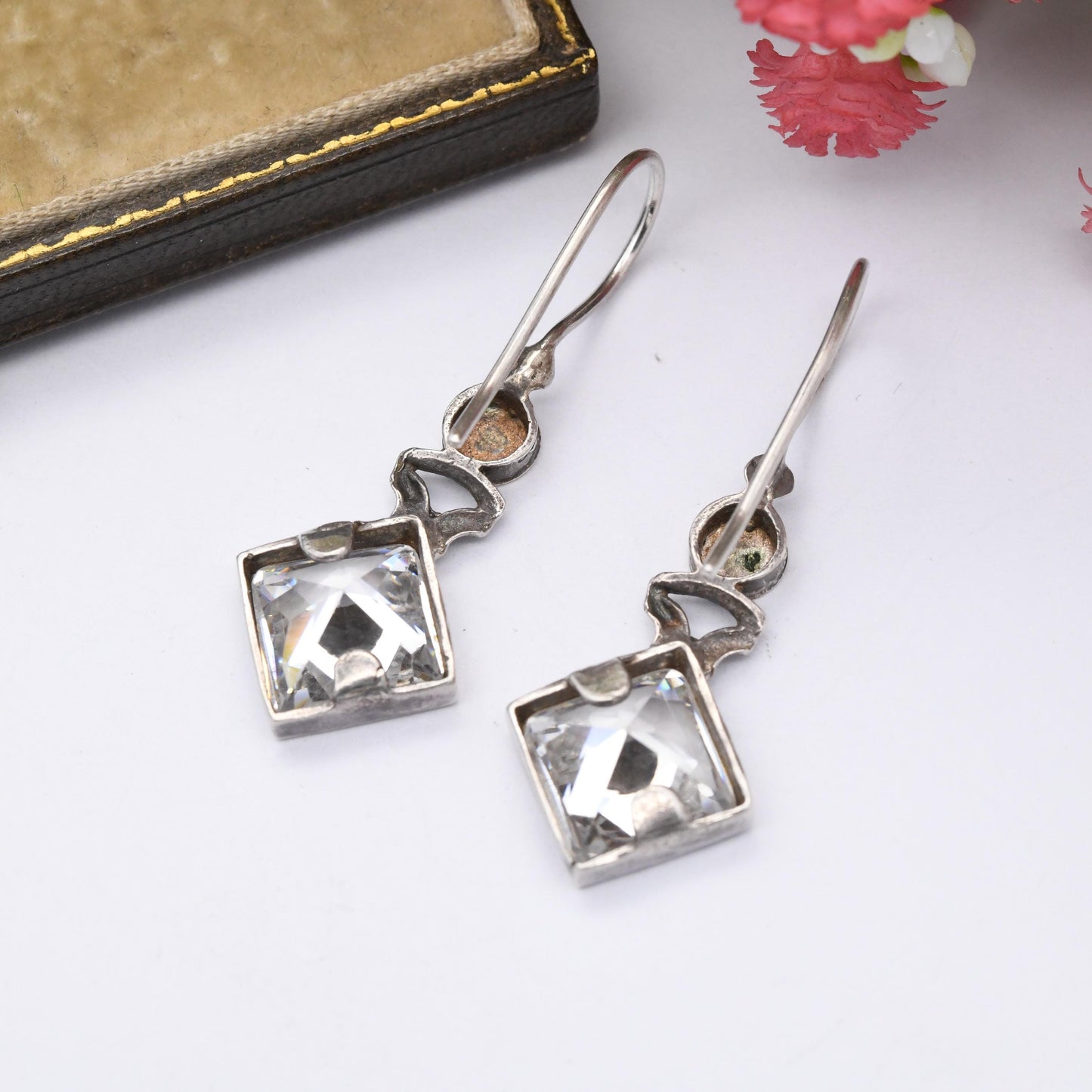 Vintage Sterling Silver Crystal Drop Earrings Drop Earrings - Large Faceted Stone | Gold Tone | Statement Modernist Style | Gift for Her