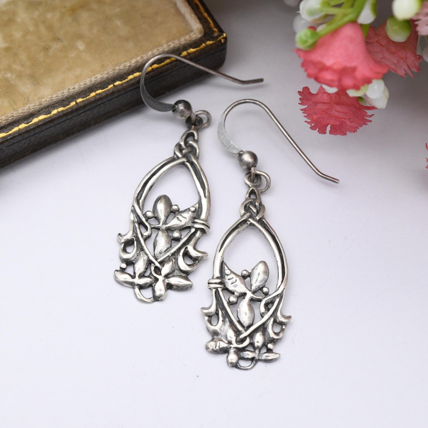 Vintage Sterling Silver Flower Drop Earrings by Kit Heath - Ornate Antique Style | 1990s Great British Designer | Celtic Floral Silver Gift