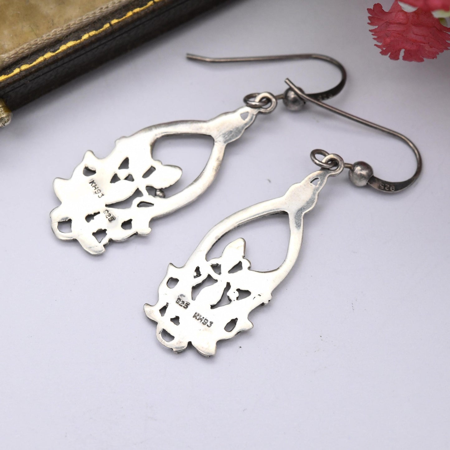 Vintage Sterling Silver Flower Drop Earrings by Kit Heath - Ornate Antique Style | 1990s Great British Designer | Celtic Floral Silver Gift