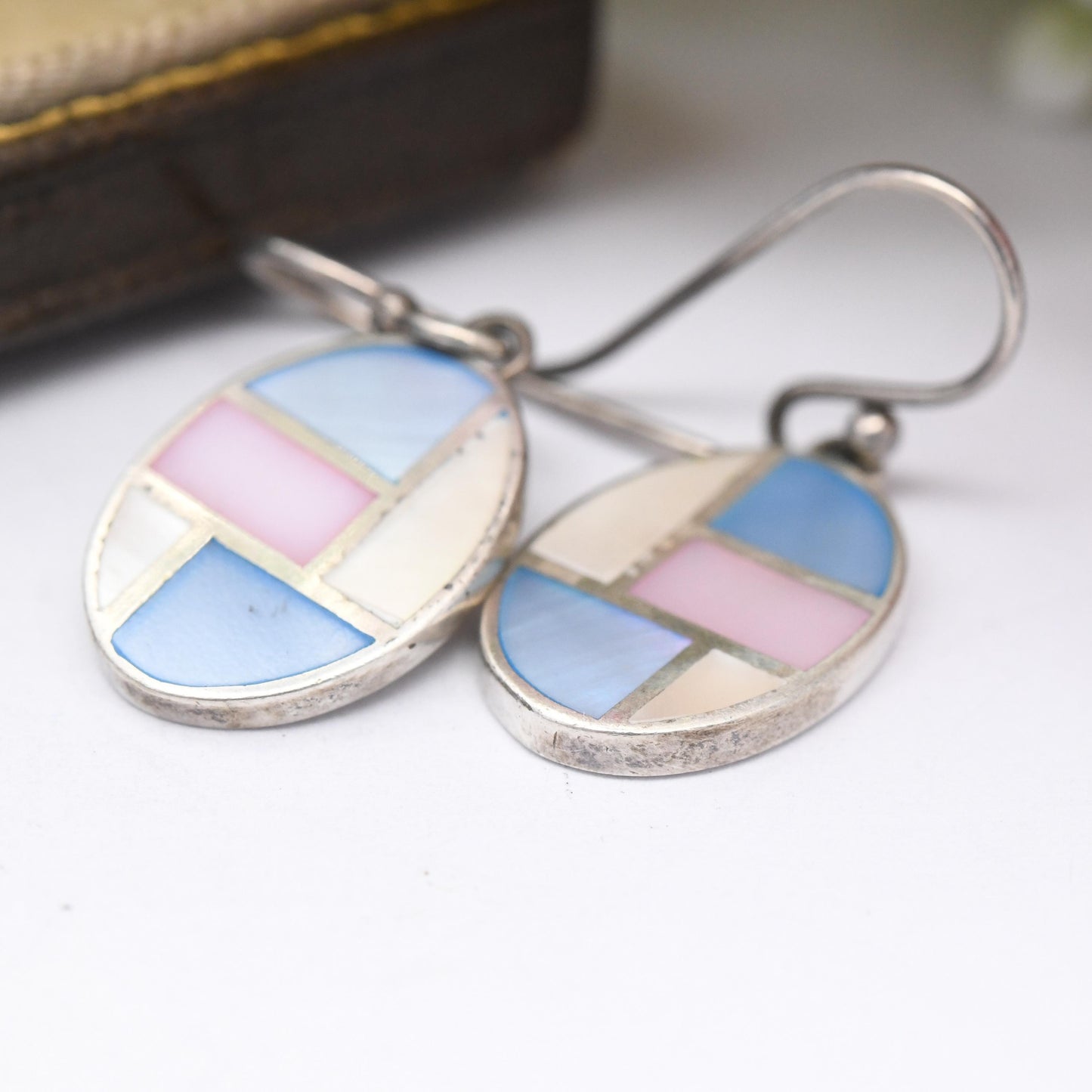 Vintage Sterling Silver Mother of Pearl Shell Drop Earrings - Oval Shape | Mosaic Blue White Pink Shell Hook Earrings | Pastel Colours