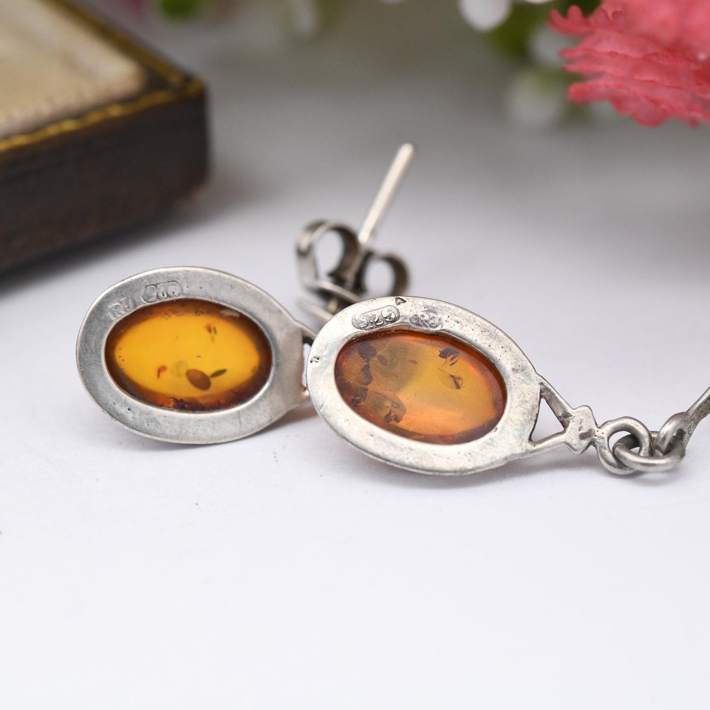 Vintage Amber Sterling Silver Drop Earrings - Orange Gemstone Baltic Amber | Minimal Dangle Earrings