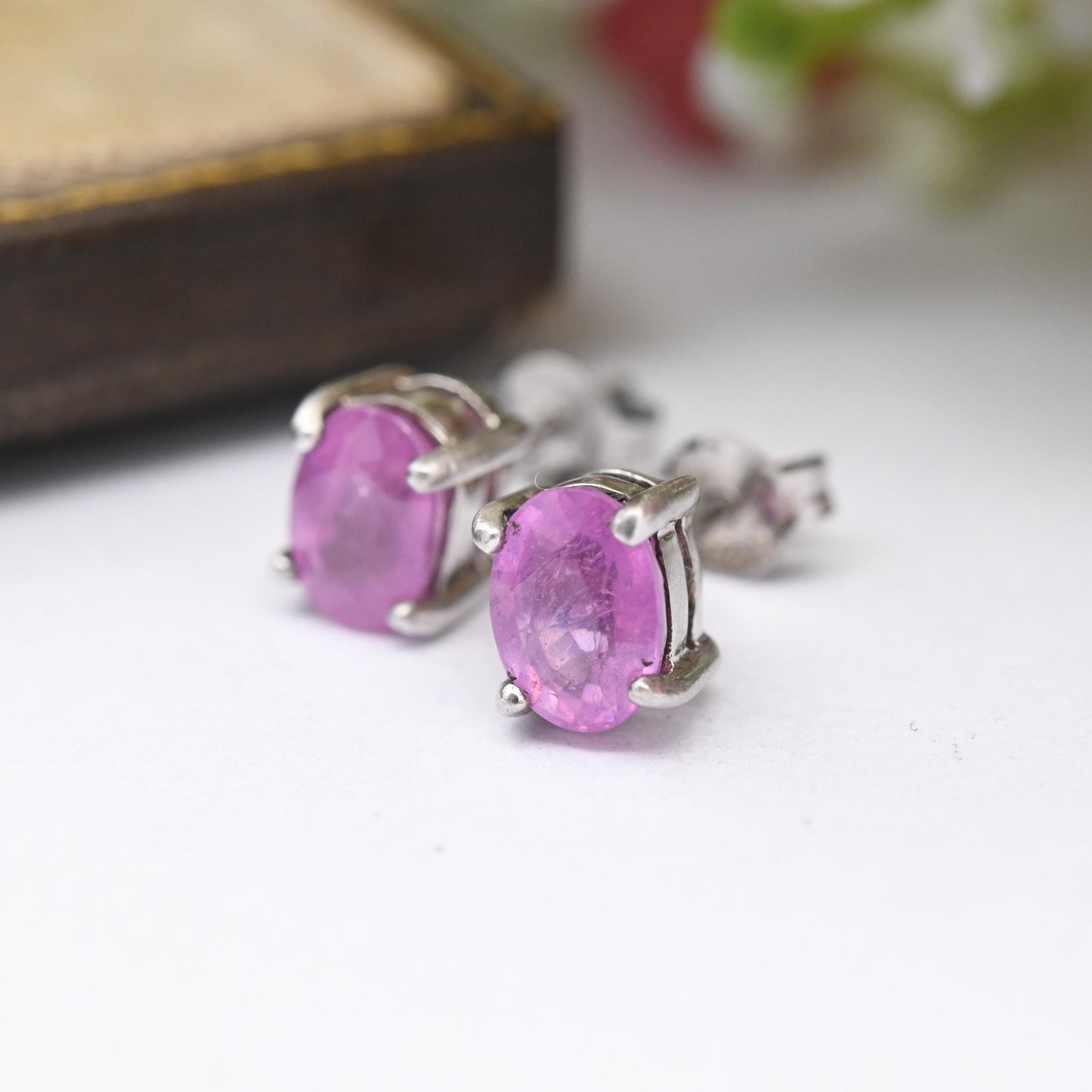 Sterling Silver Pink Sapphire Stud Earrings TGGC - Oval Cut Faceted Pink Gemstone Studs | Pretty Gift for Her