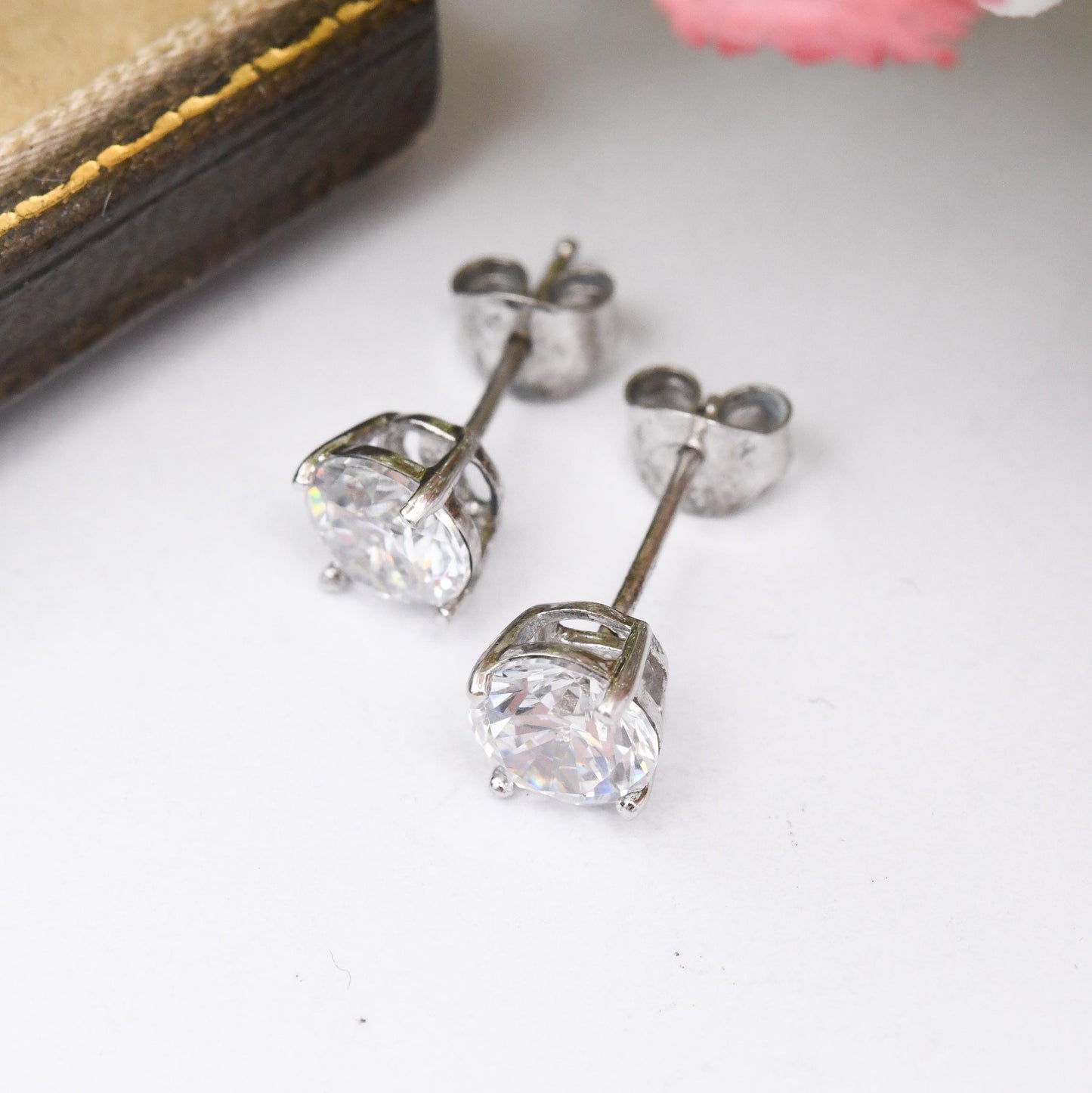 Sterling Silver CZ Stud Earrings - Large Sparkly Solitaire Stone Studs