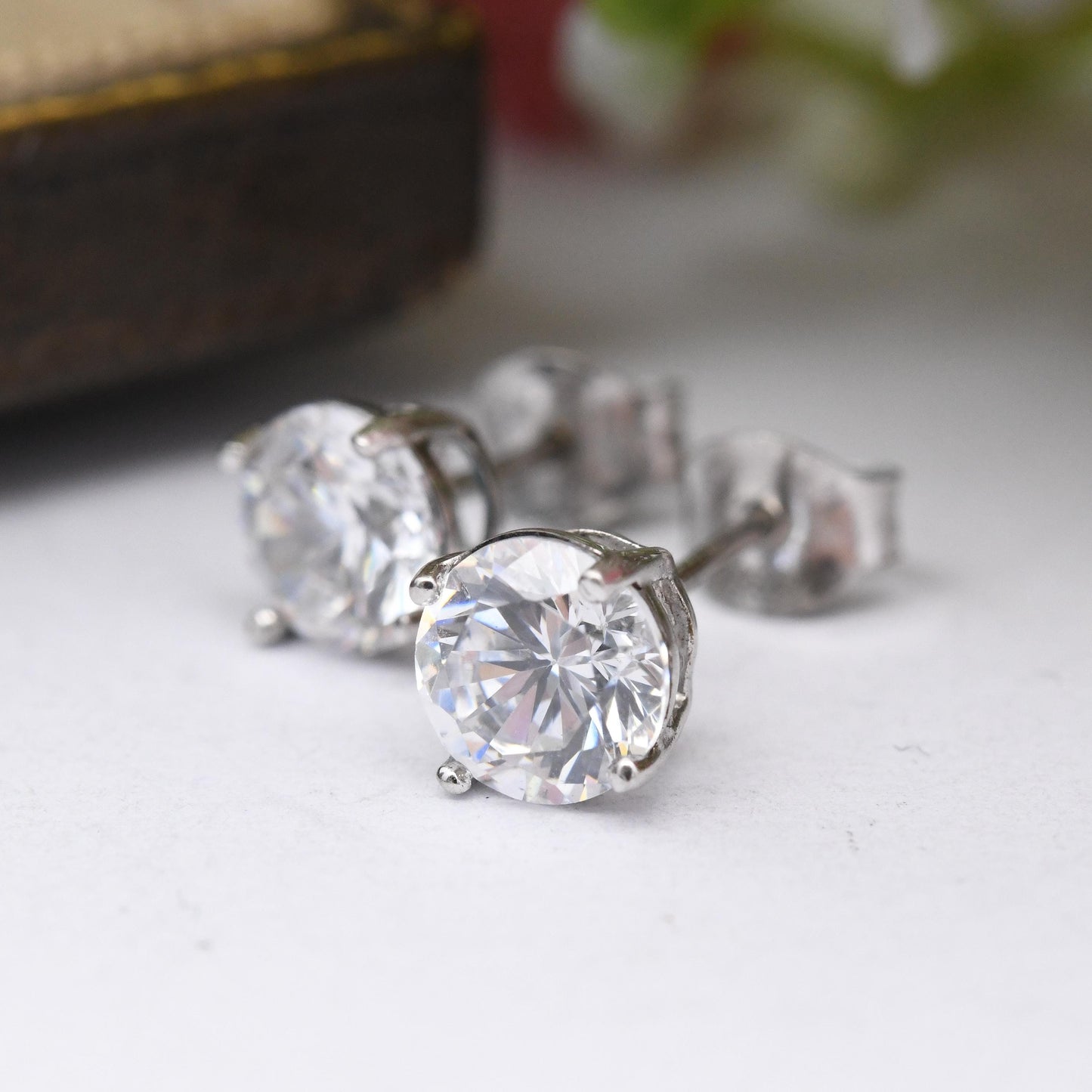 Sterling Silver CZ Stud Earrings - Large Sparkly Solitaire Stone Studs
