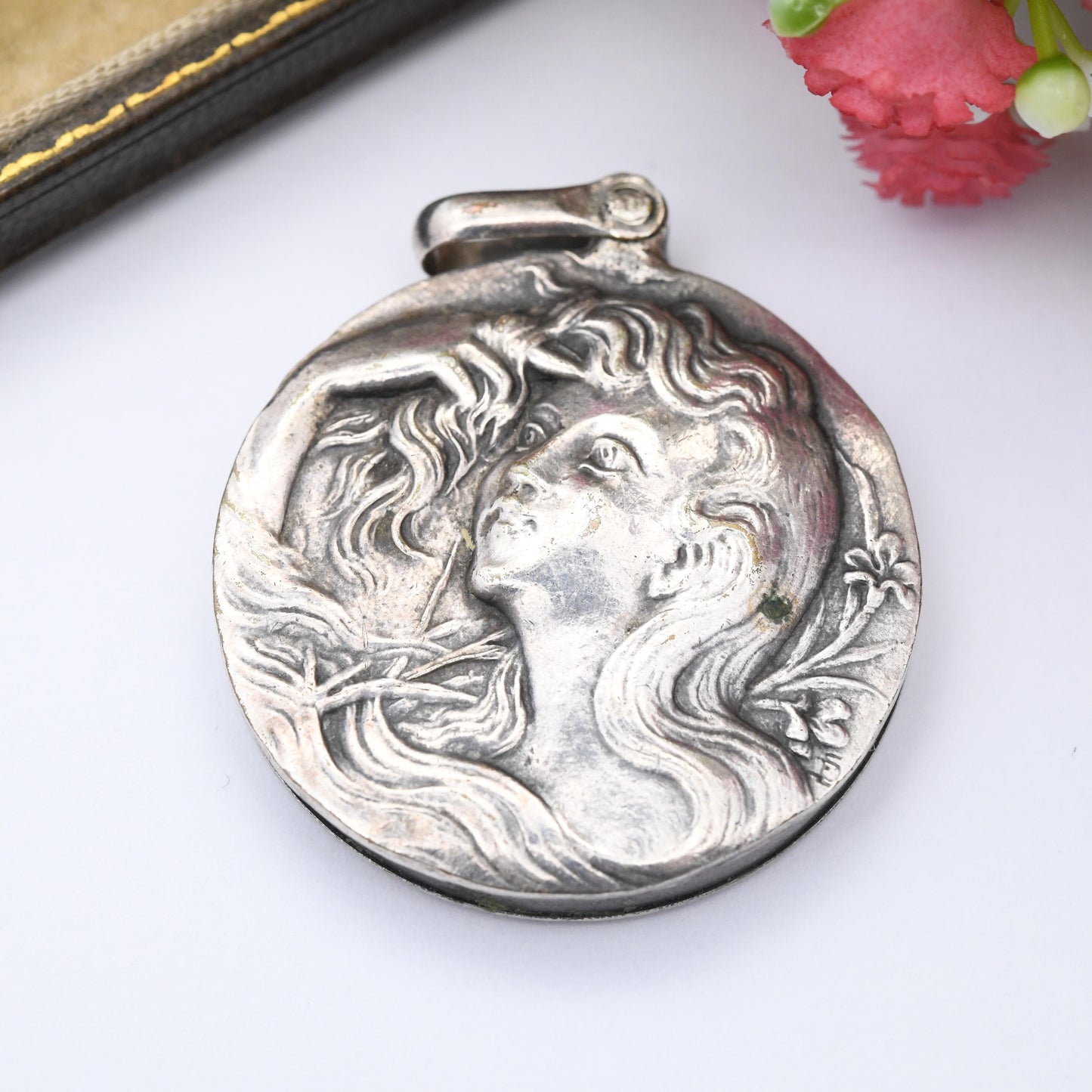 Antique Art Nouveau Locket with Repoussé Flower Girl - Large Circle Pendant Slide Open Compartment for Photo Keepsake | French Silver Plated